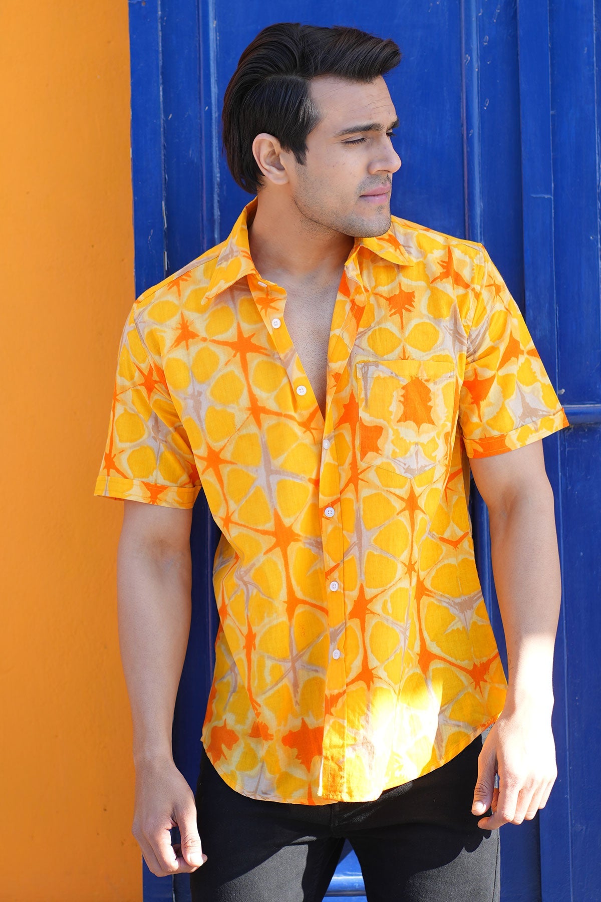 Yellow Tie n dye print cotton shirt half sleeves