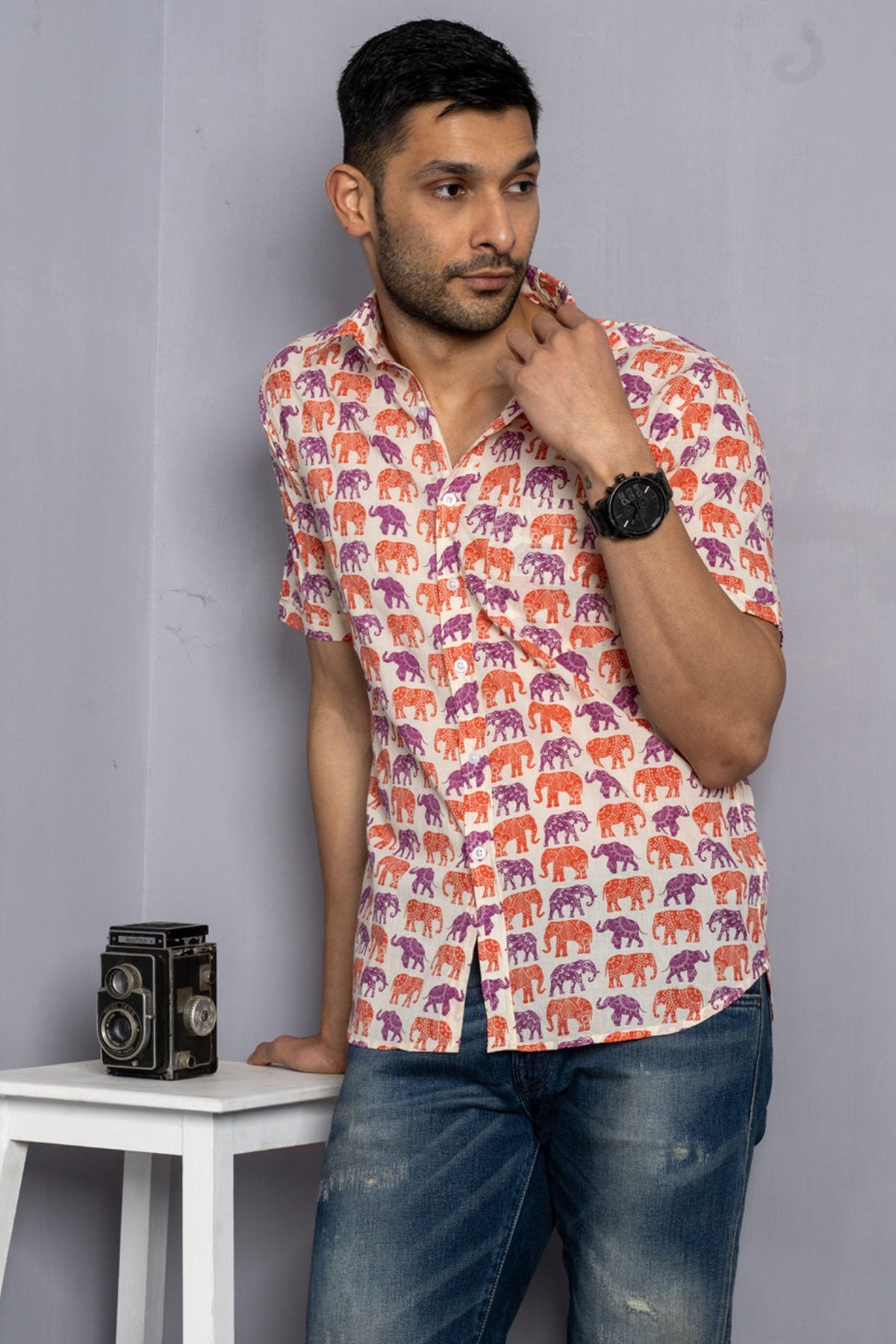 White Shirt with Red and Purple Elephant Print, Cotton | Style Matters