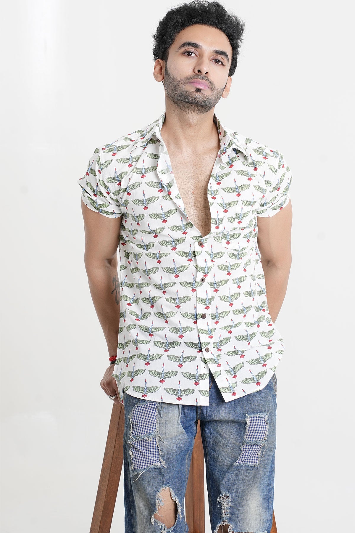 White Shirt with Bird Print, Half Sleeves Cotton | Style Matters