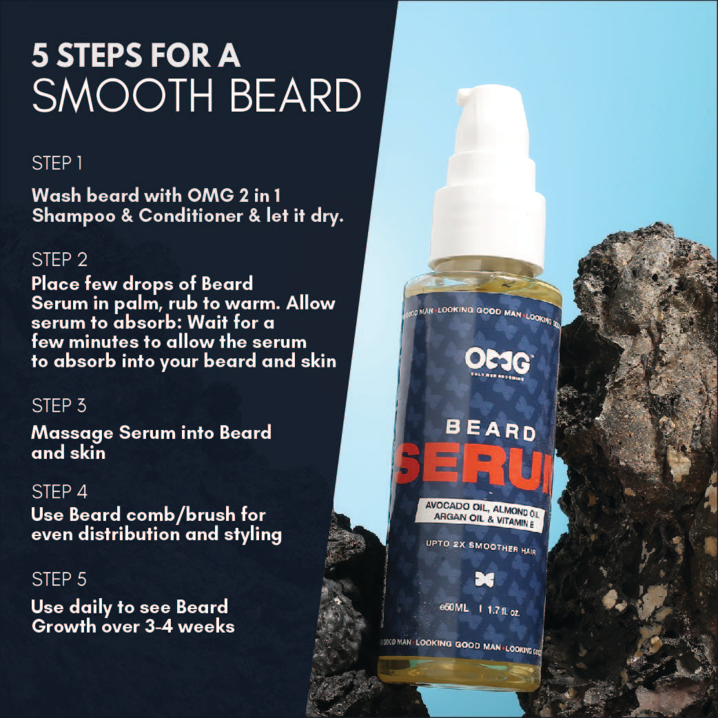 OMG BEARD SERUM 50ML | UPTO 2X SMOOTHER HAIR | ENRICHED WITH VITAMIN E | FOR BEARD HAIR GROWTH | REDUCES DANDRUFF | 100% NATURAL INGREDIENTS