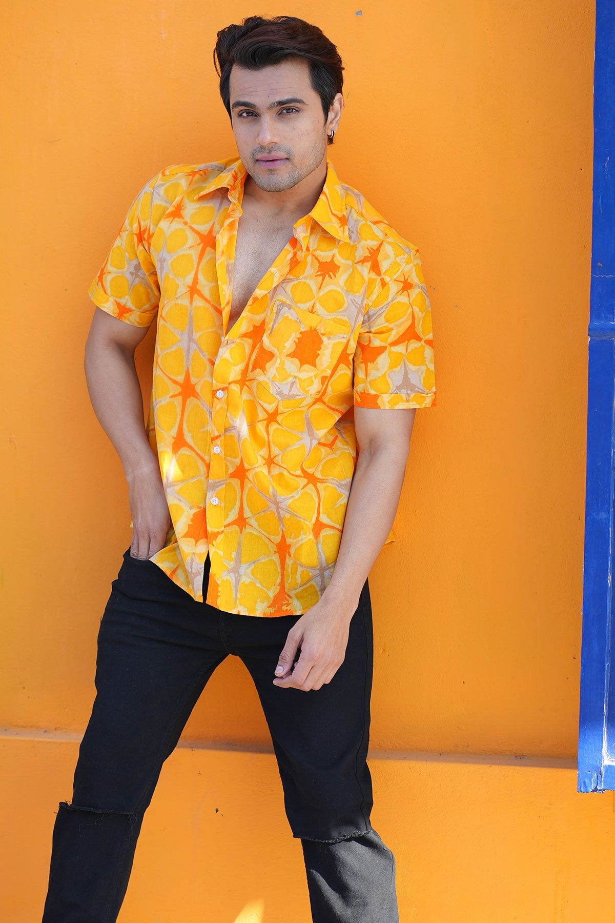 Yellow Tie n dye print cotton shirt half sleeves