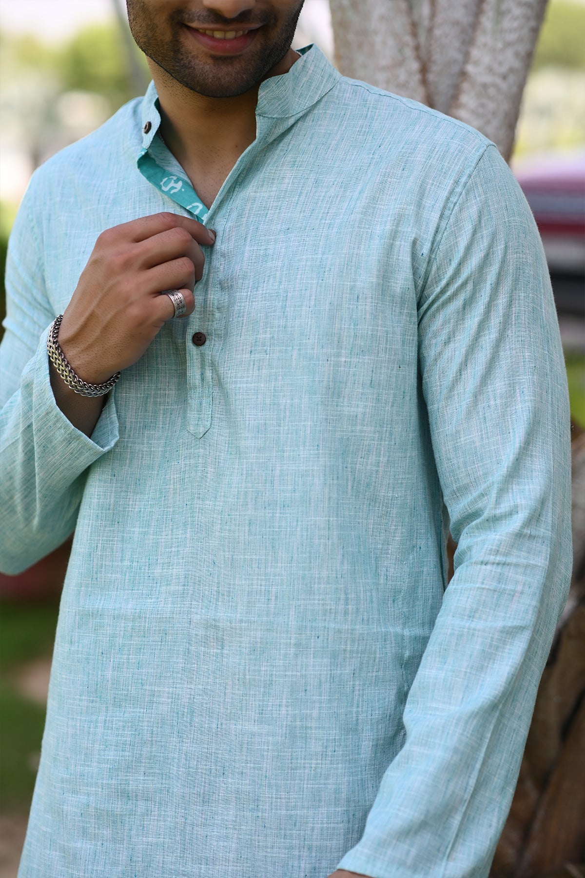 Long Kurta Plain Green Khadi Fabric