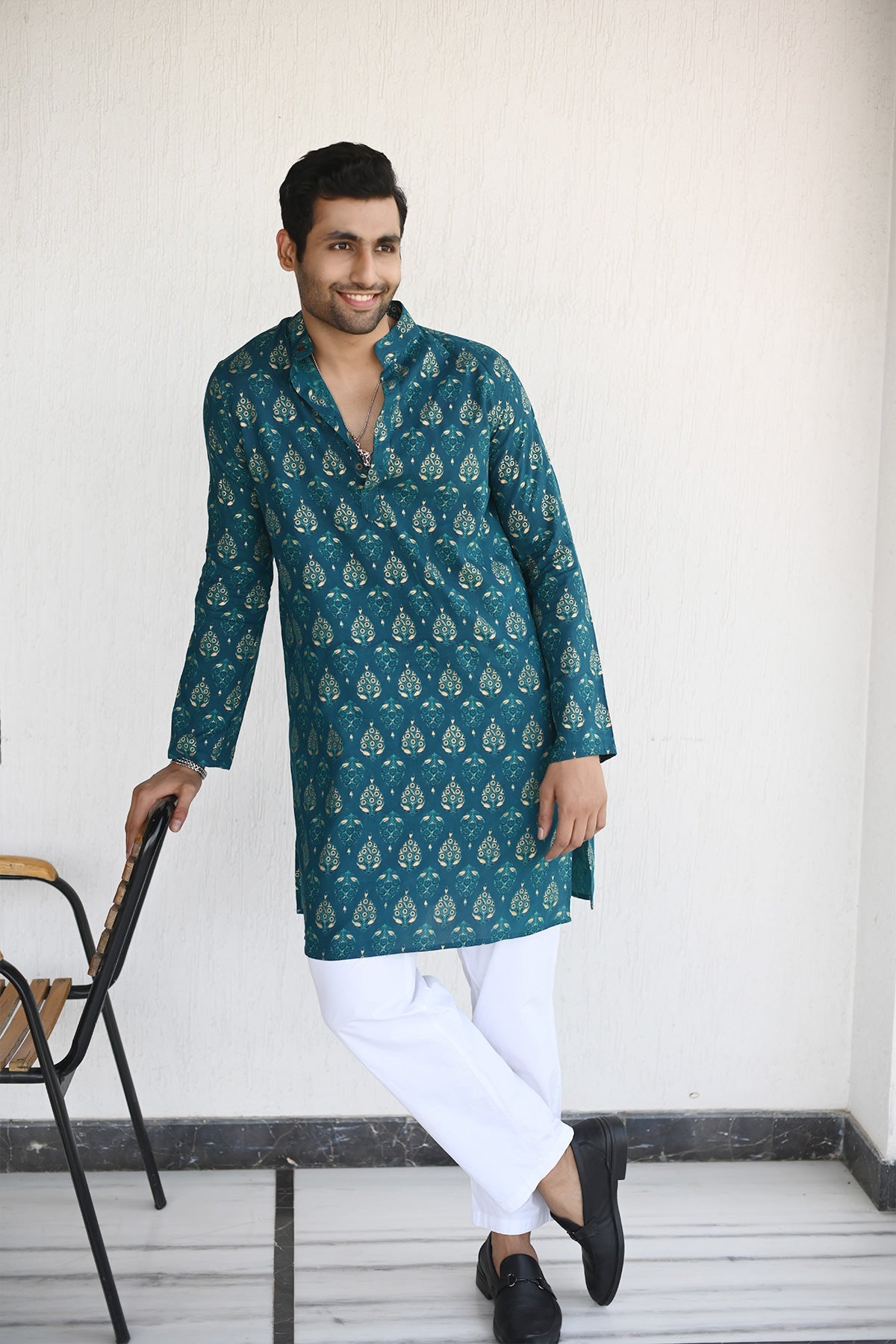 Teal Color with Golden Print Designer Full Sleeves Long Kurta | Style Matters