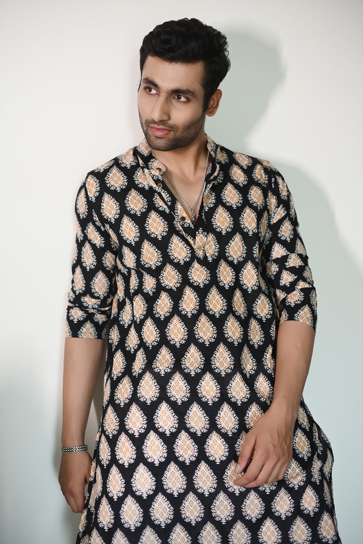 Black Yellow Paan Print Pure Cotton Long Kurta | Style Matters