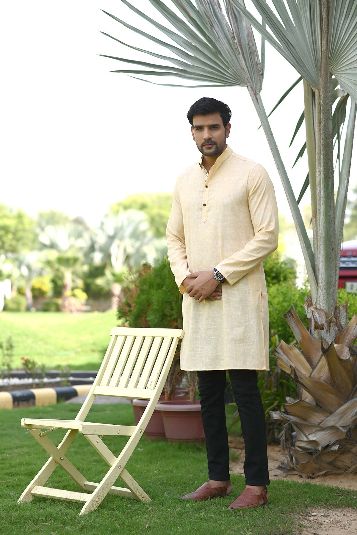 Long Kurta Plain Yellow Khadi Fabric