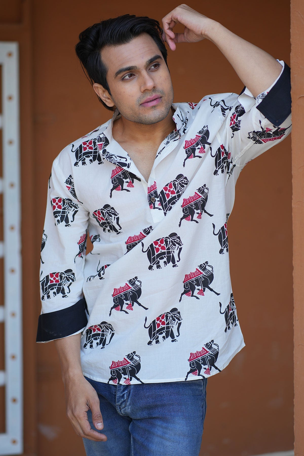 White Traditional Short Kurta with Camel Elephant Print | Style Matters