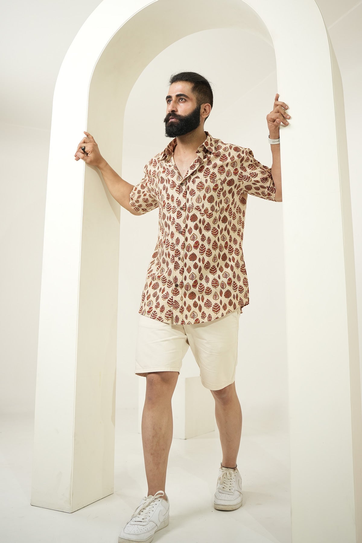 Mud Shirt with Maroon Leaf Print, Half Sleeves | Style Matters