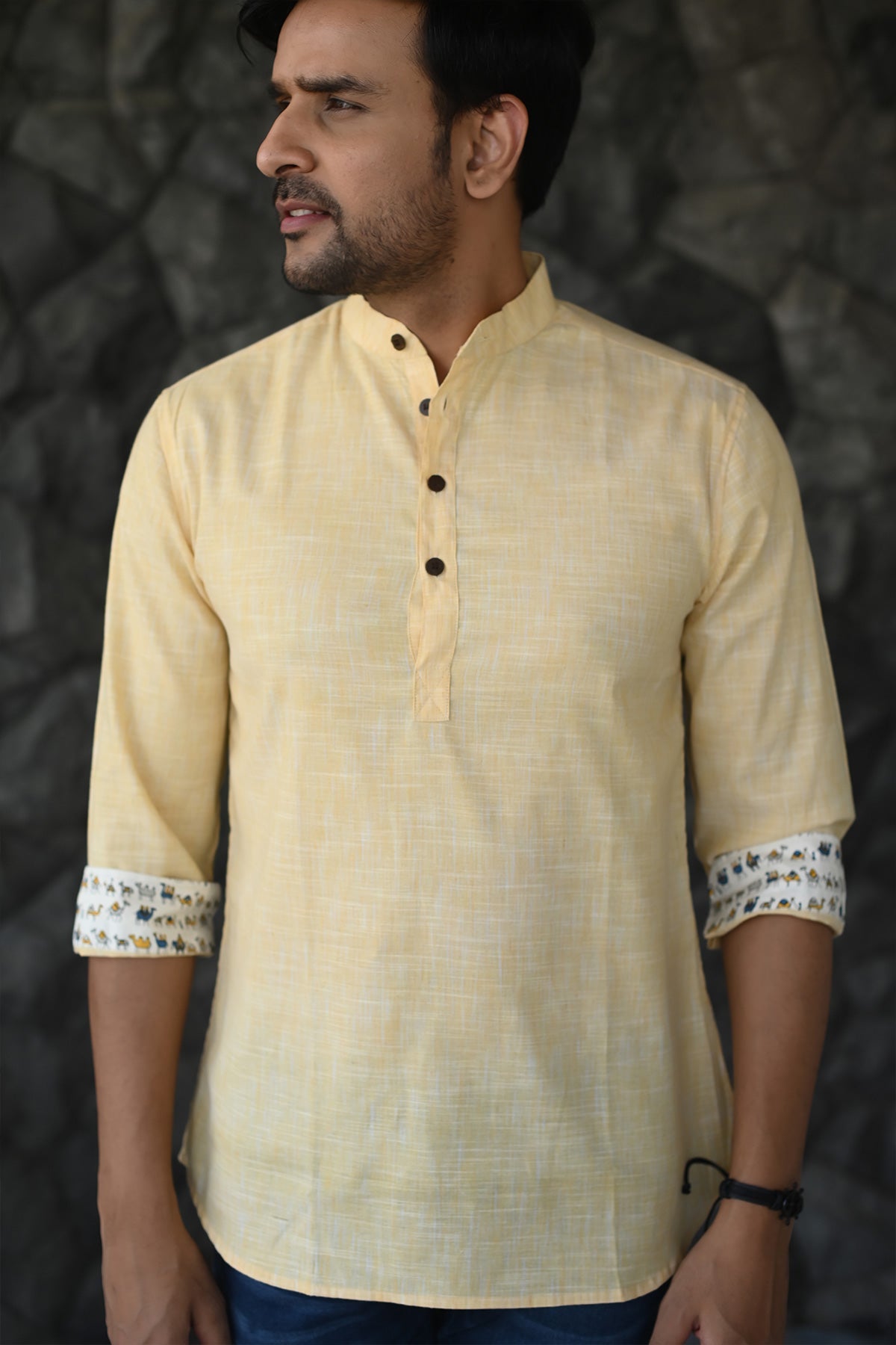 Yellow Short Kurta with Plain Body and Printed Cuffs, 3/4th Sleeves Cotton | Style Matters