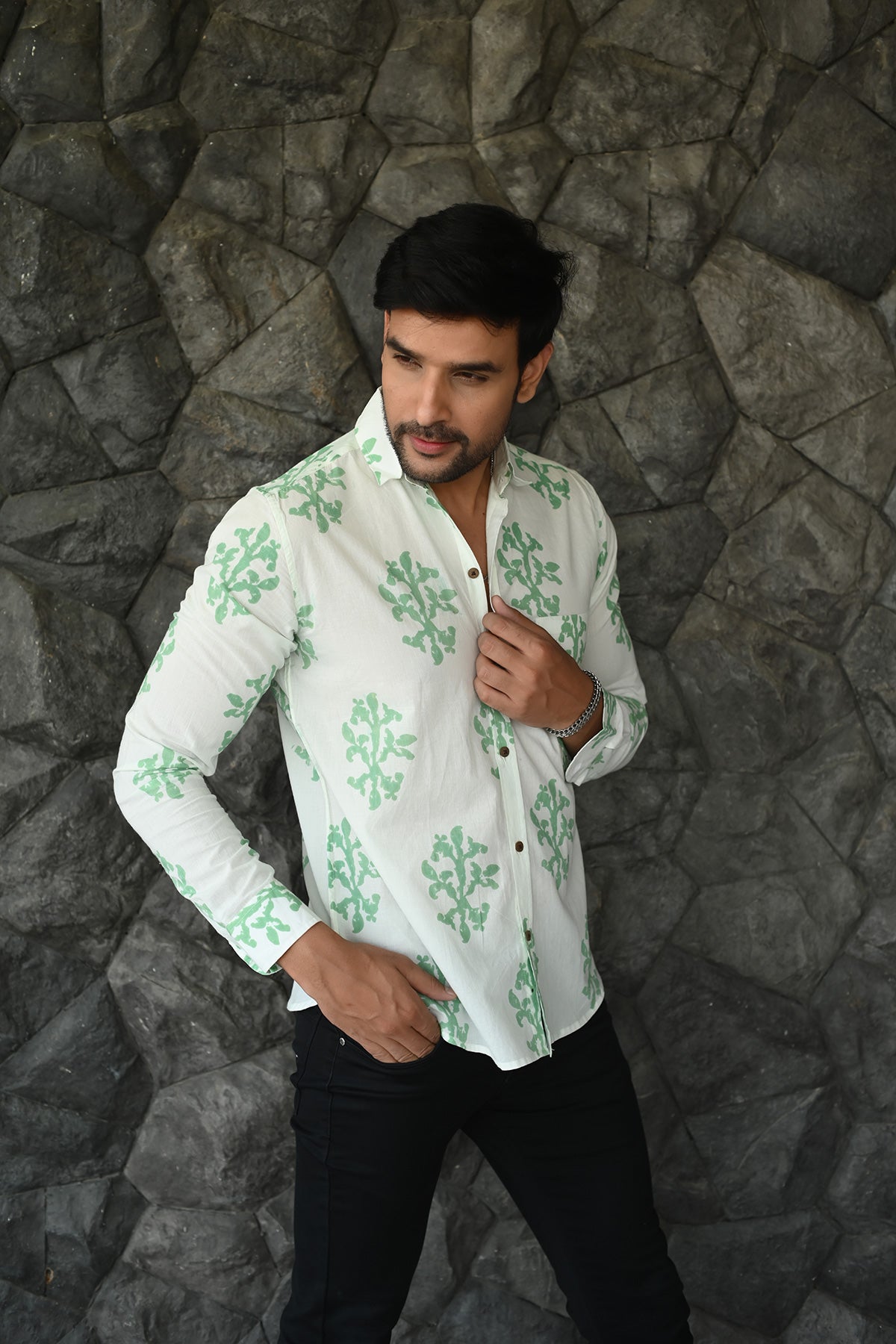 White Shirt with Green Motif Print, Full Sleeves Cotton | Style Matters