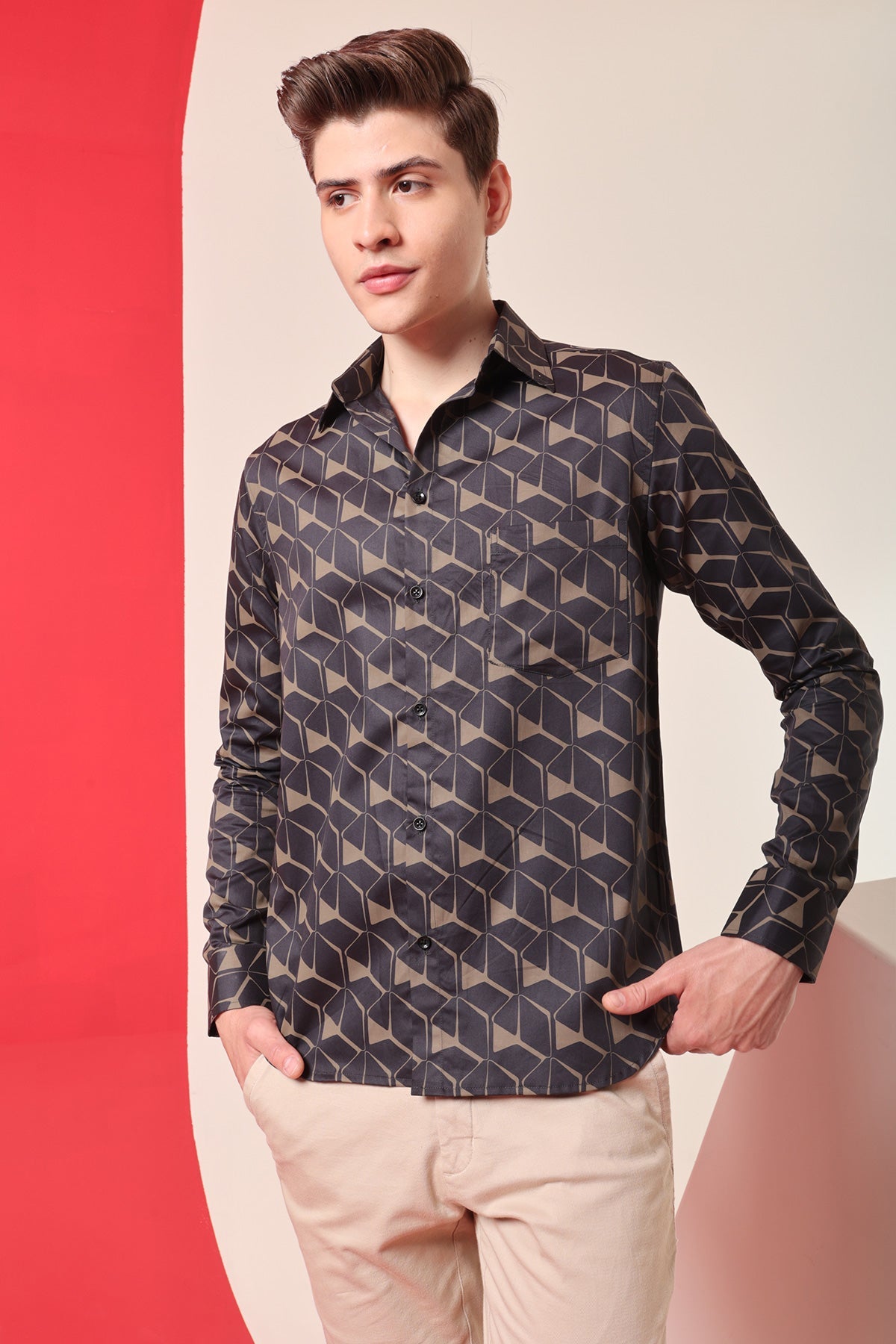 Majestic Brown print cotton shirt full sleeves