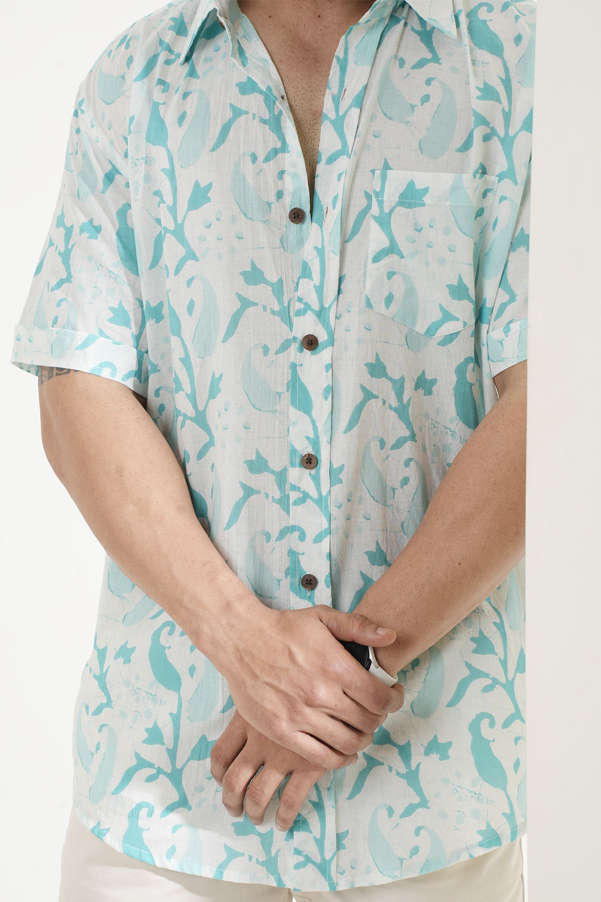 White Shirt with Sky Blue Paisley Print, Half Sleeves Cotton | Style Matters