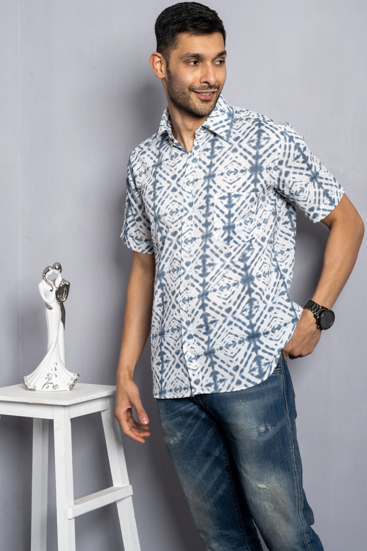 White Shirt with Grey Tie Dye Print, Half Sleeves | Style Matters