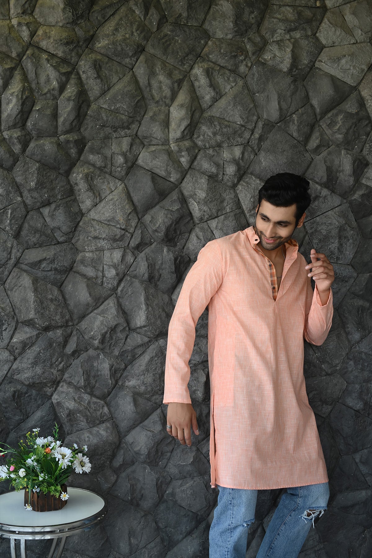 Long Kurta Plain Orange Khadi Fabric