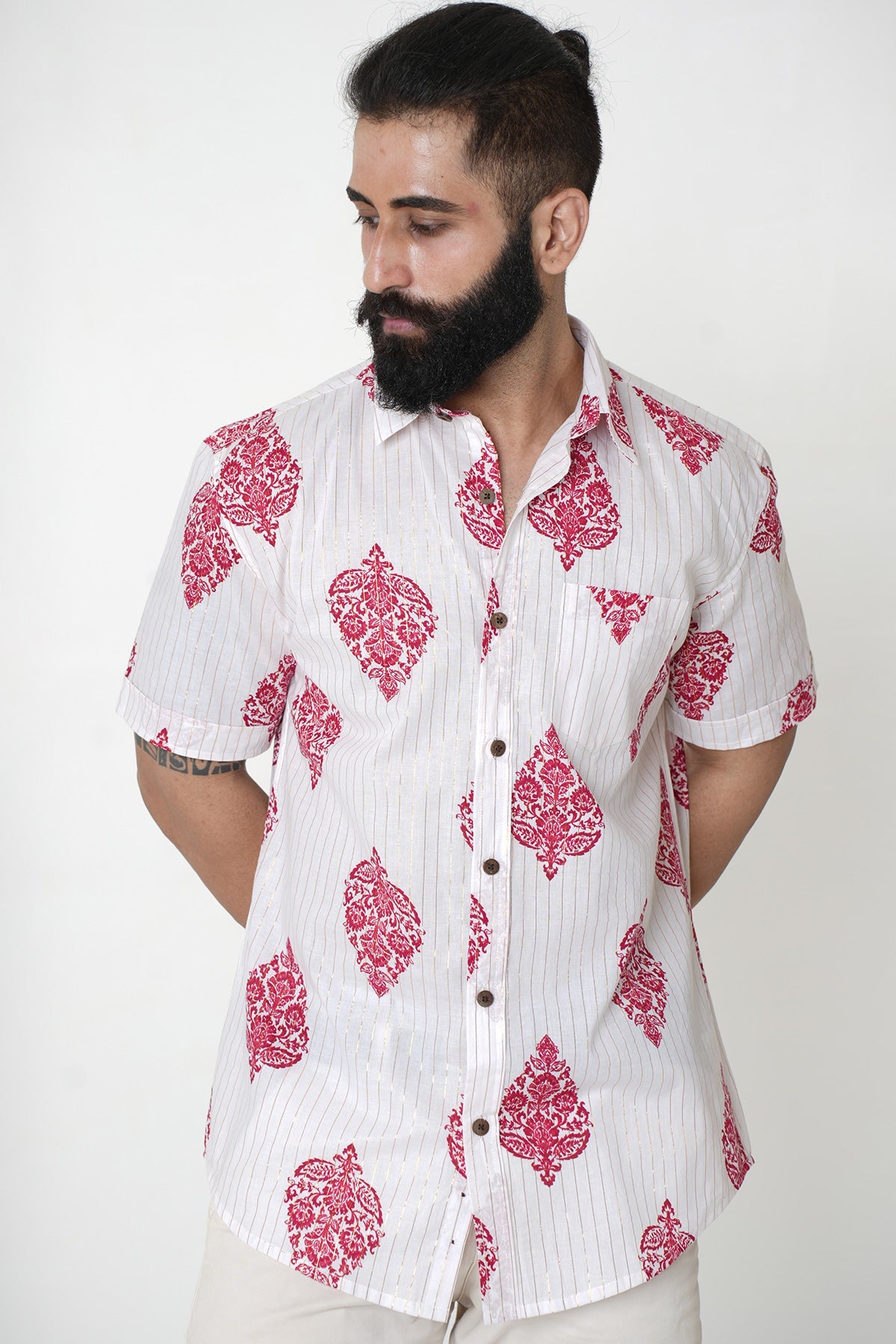 White Lurex Shirt with Damask Hand Block Print, Half Sleeves Cotton | Style Matters