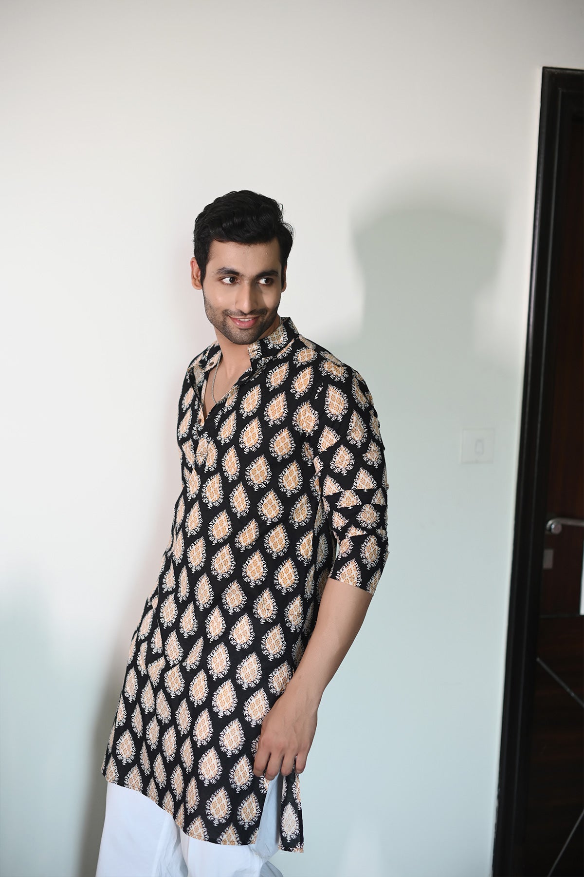 Black Yellow Paan Print Pure Cotton Long Kurta | Style Matters