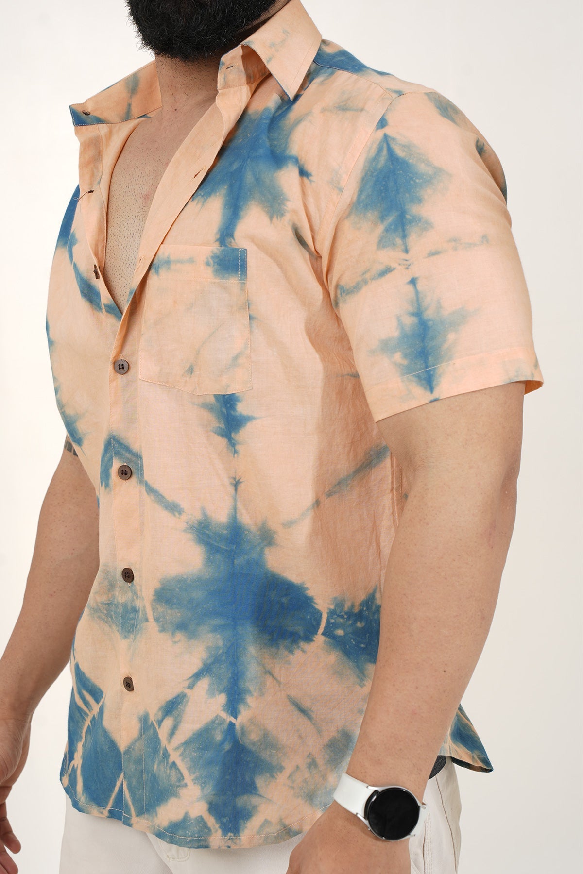 Peach Shirt with Blue Tie Dye Handmade Half Sleeves | Style Matters