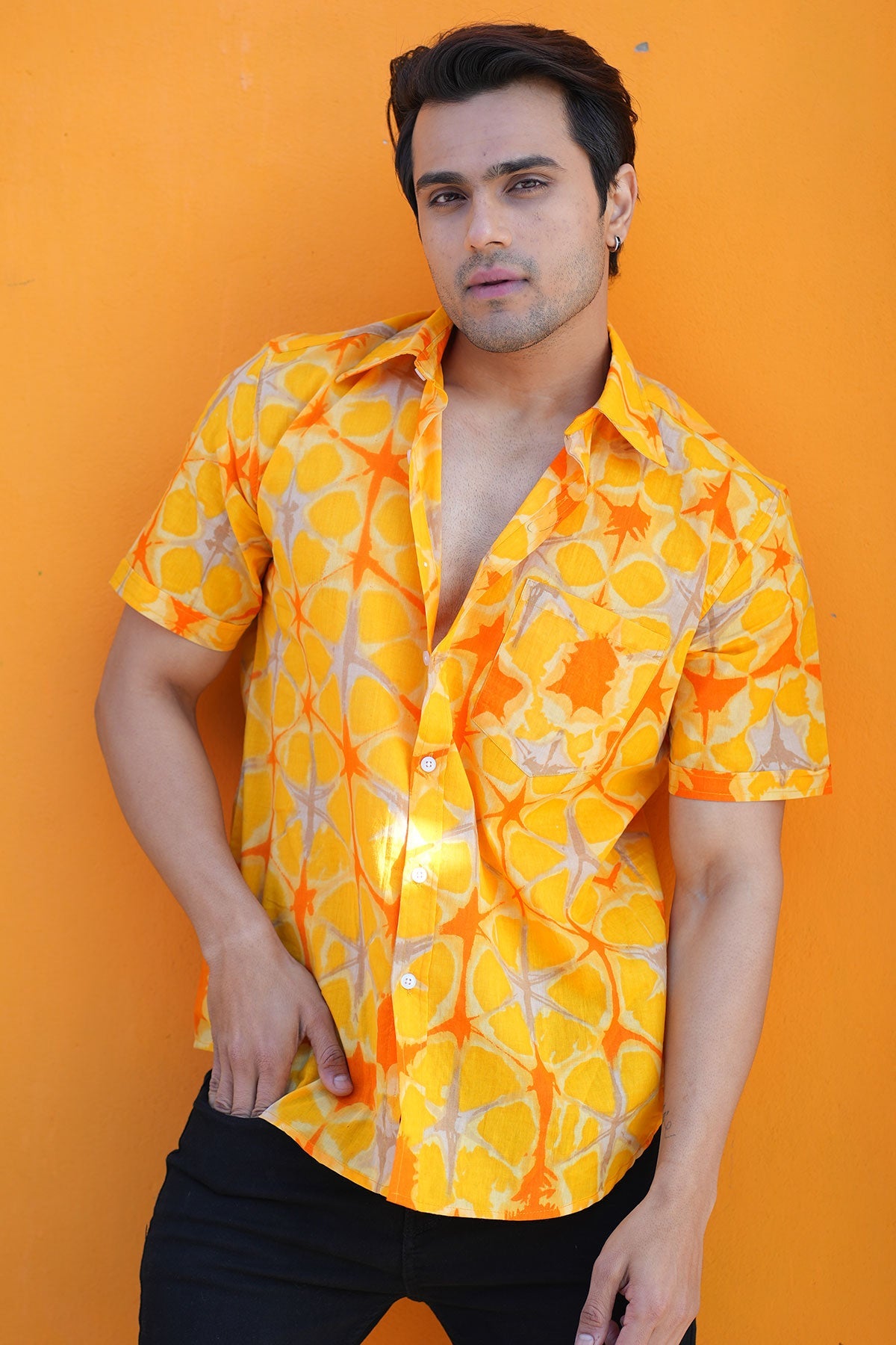 Yellow Tie n dye print cotton shirt half sleeves