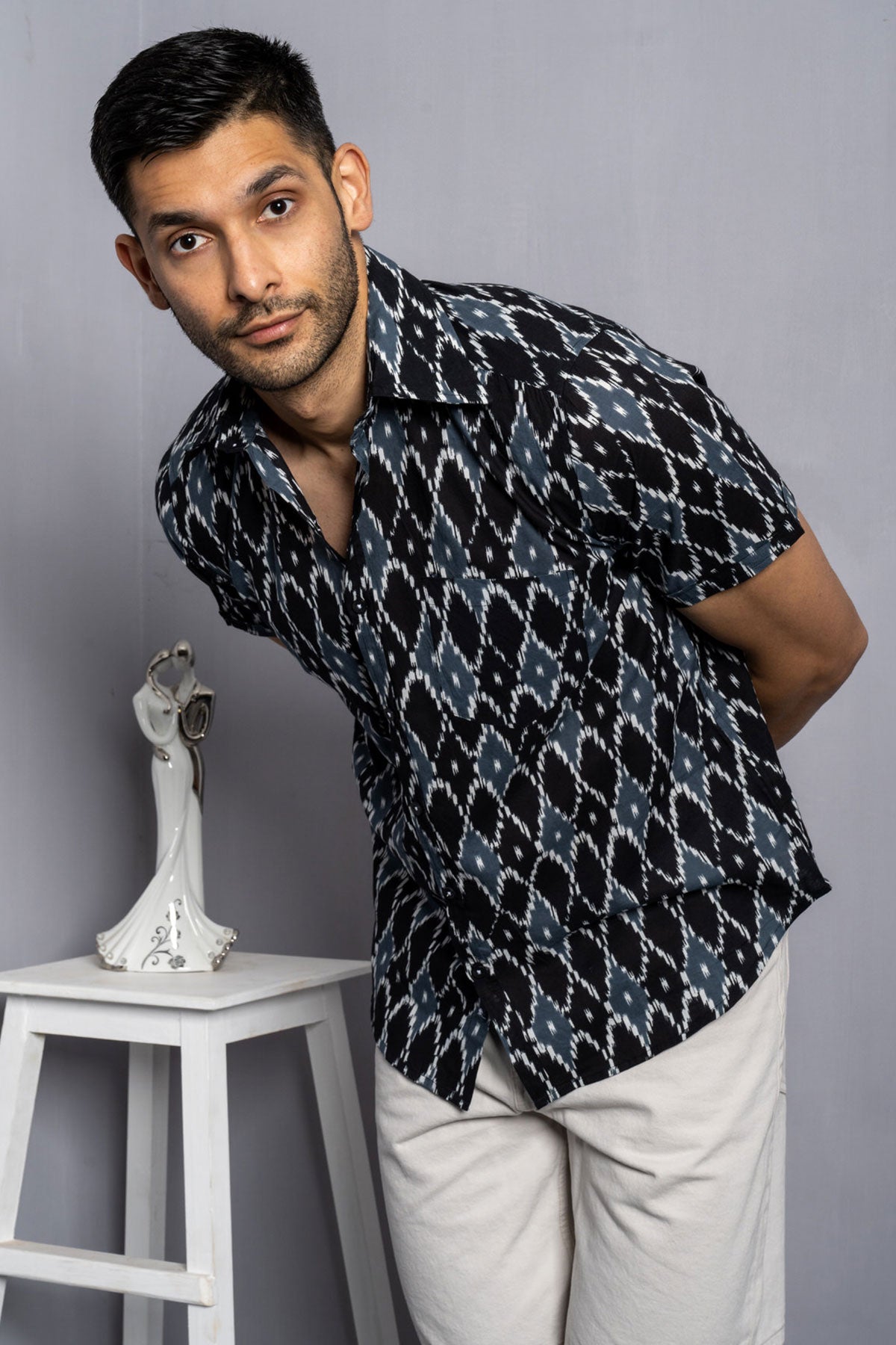 Grey Black Ikkat print cotton shirt half sleeves