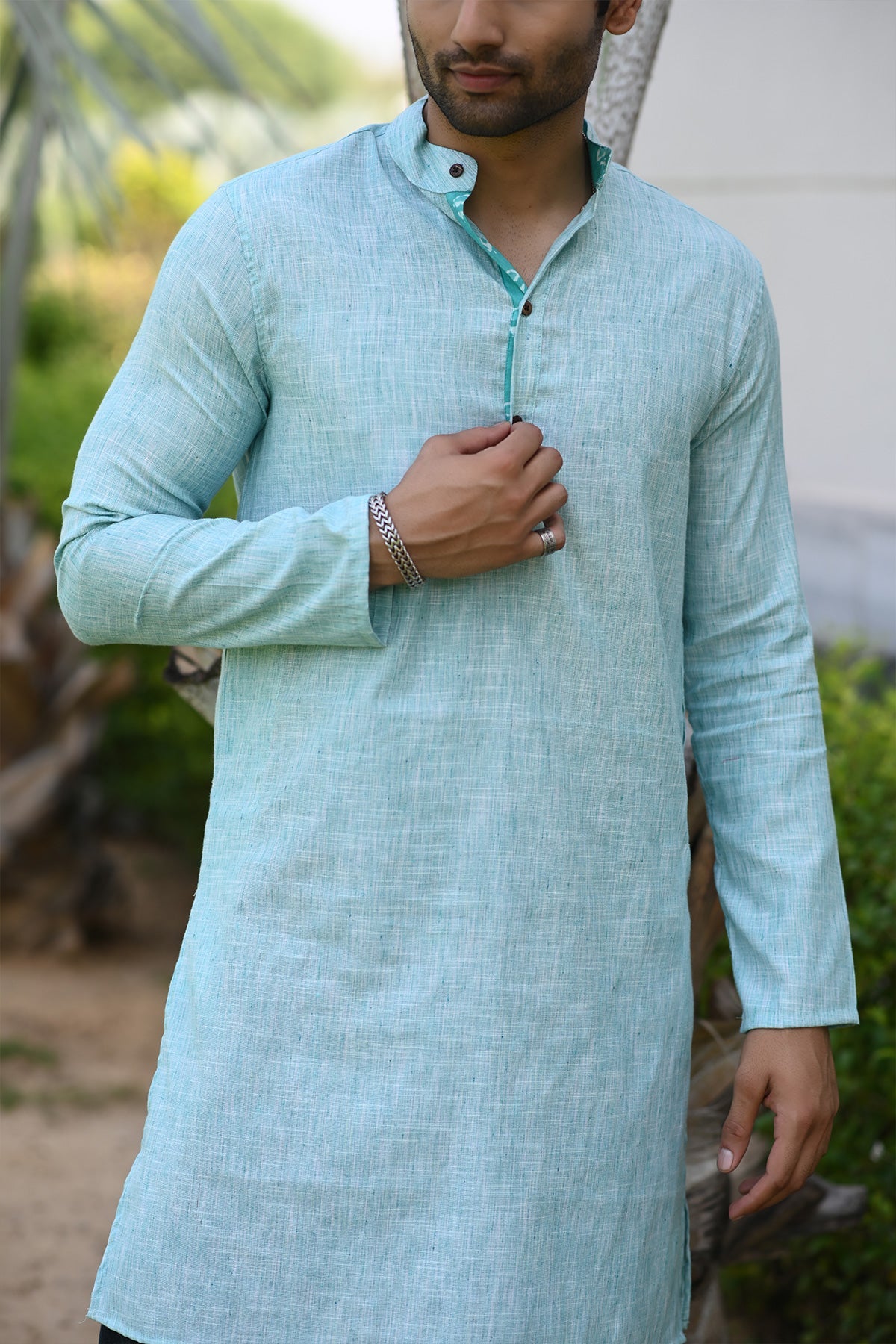 Long Kurta Plain Green Khadi Fabric