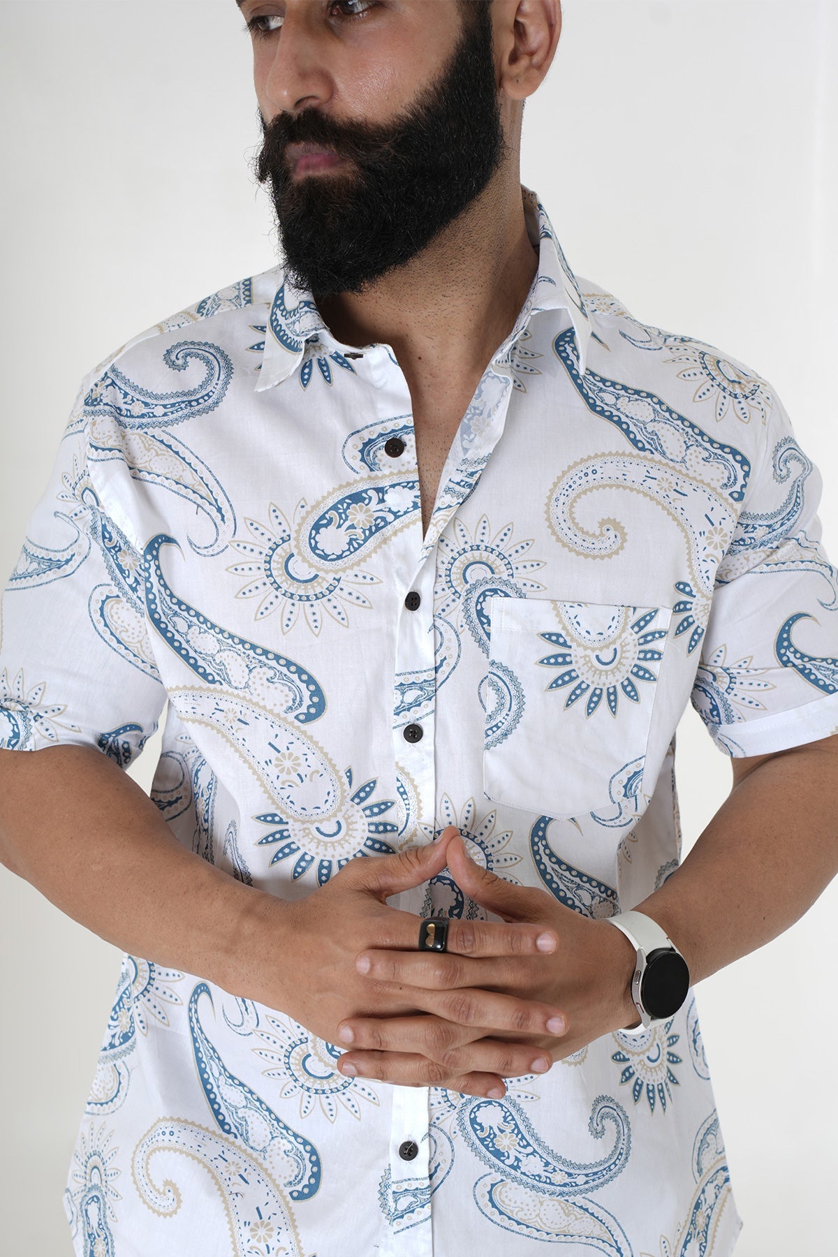 White Shirt with Paisley Print, Half Sleeves Cotton | Style Matters