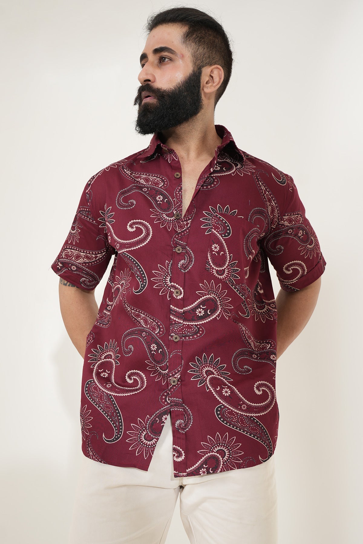 Maroon Shirt with Paisley Print, Half Sleeves | Style Matters