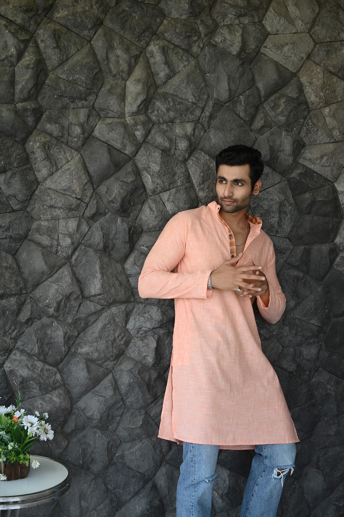 Long Kurta Plain Orange Khadi Fabric