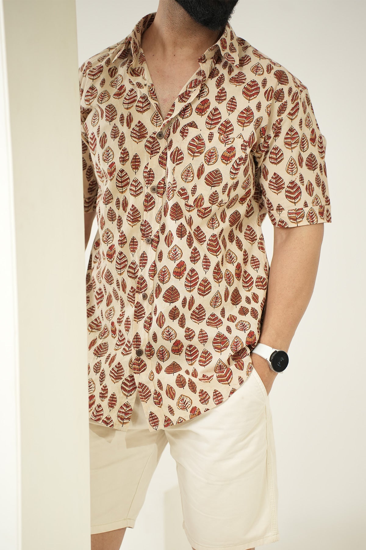 Mud Shirt with Maroon Leaf Print, Half Sleeves | Style Matters