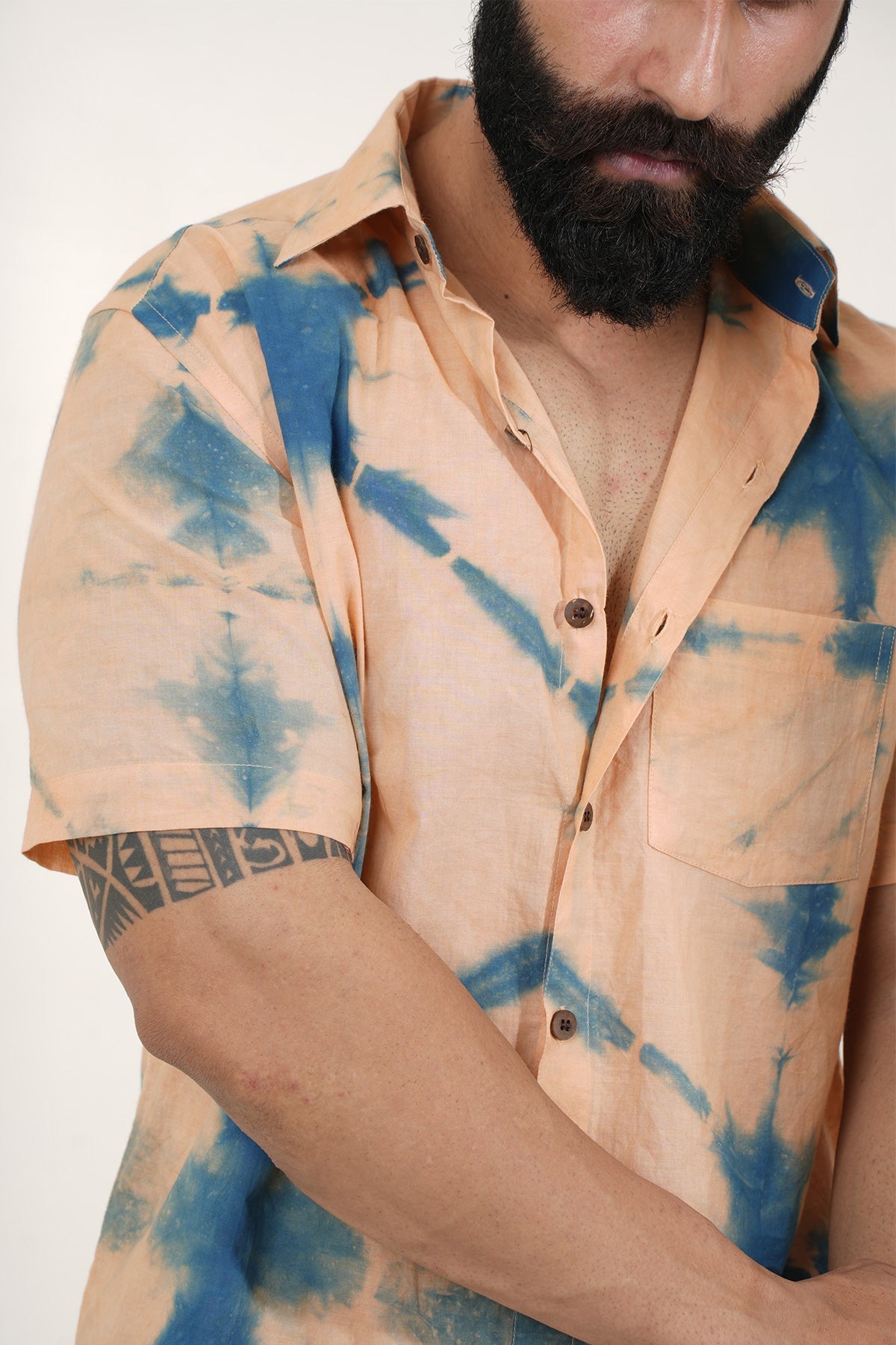 Peach Shirt with Blue Tie Dye Handmade Half Sleeves | Style Matters