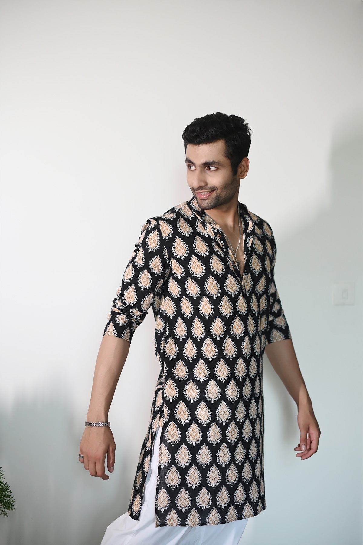 Black Yellow Paan Print Pure Cotton Long Kurta | Style Matters