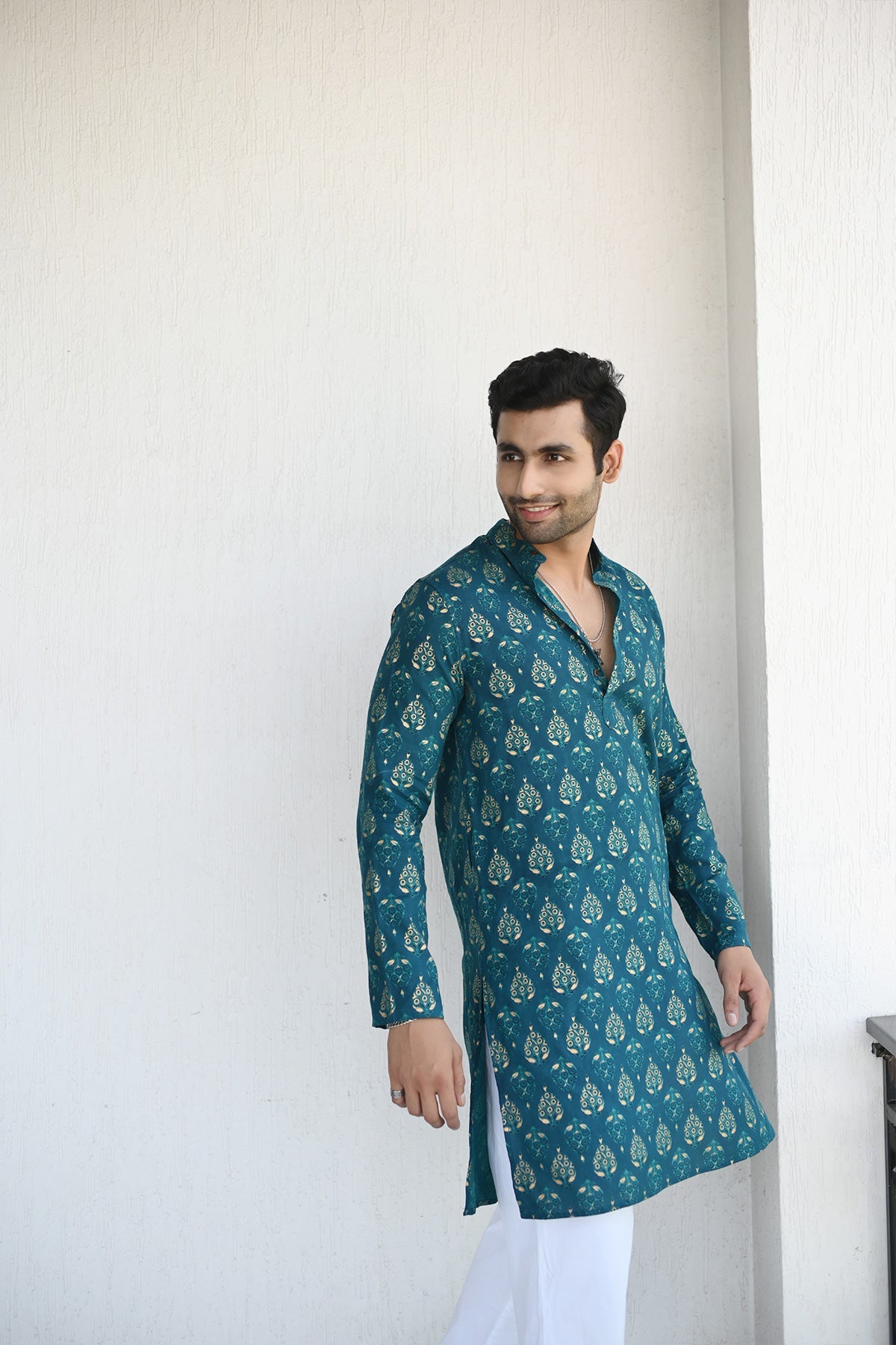 Teal Color with Golden Print Designer Full Sleeves Long Kurta | Style Matters