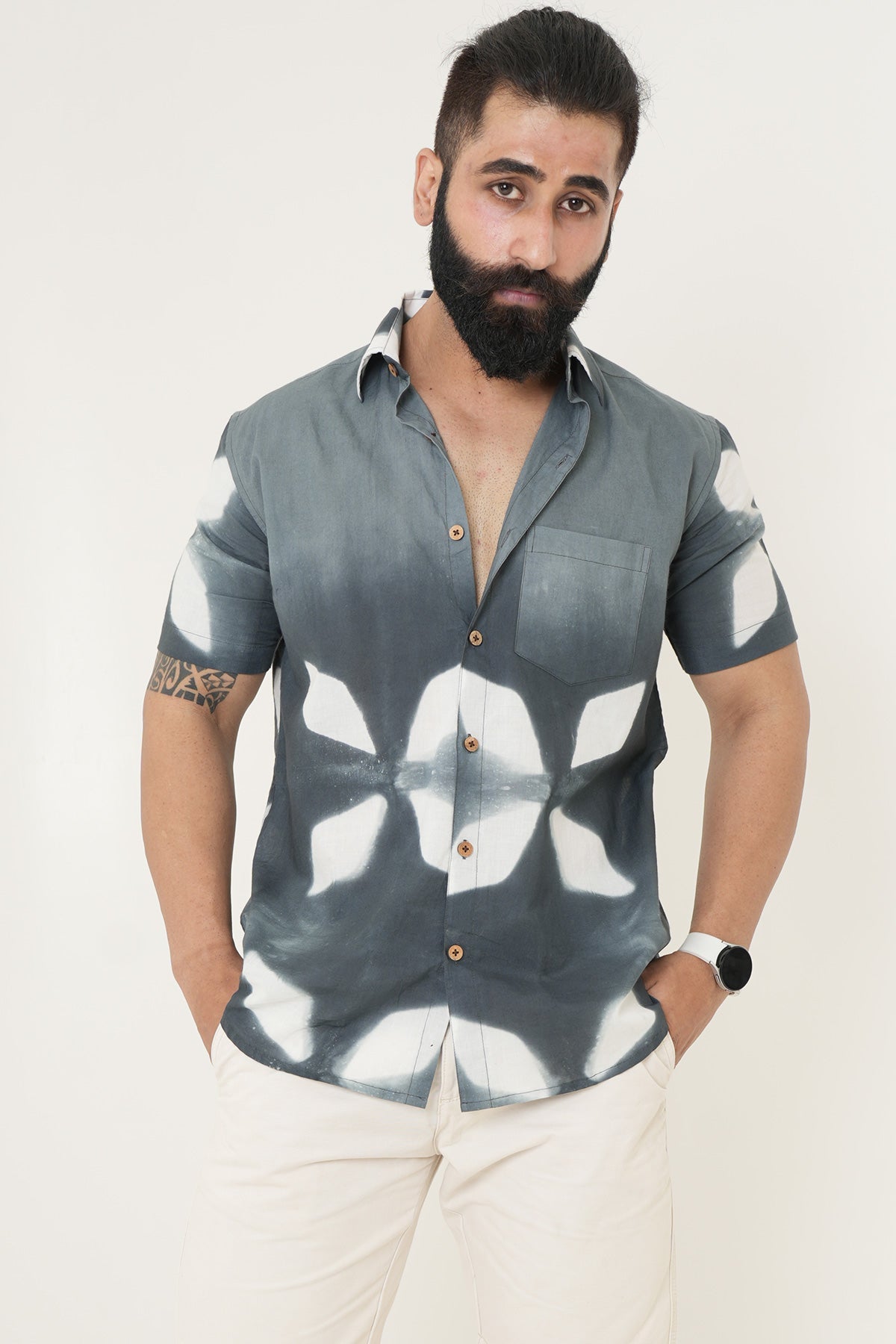 Grey Tie Dye Flower Handmade Half Sleeves Cotton Shirt | Style Matters