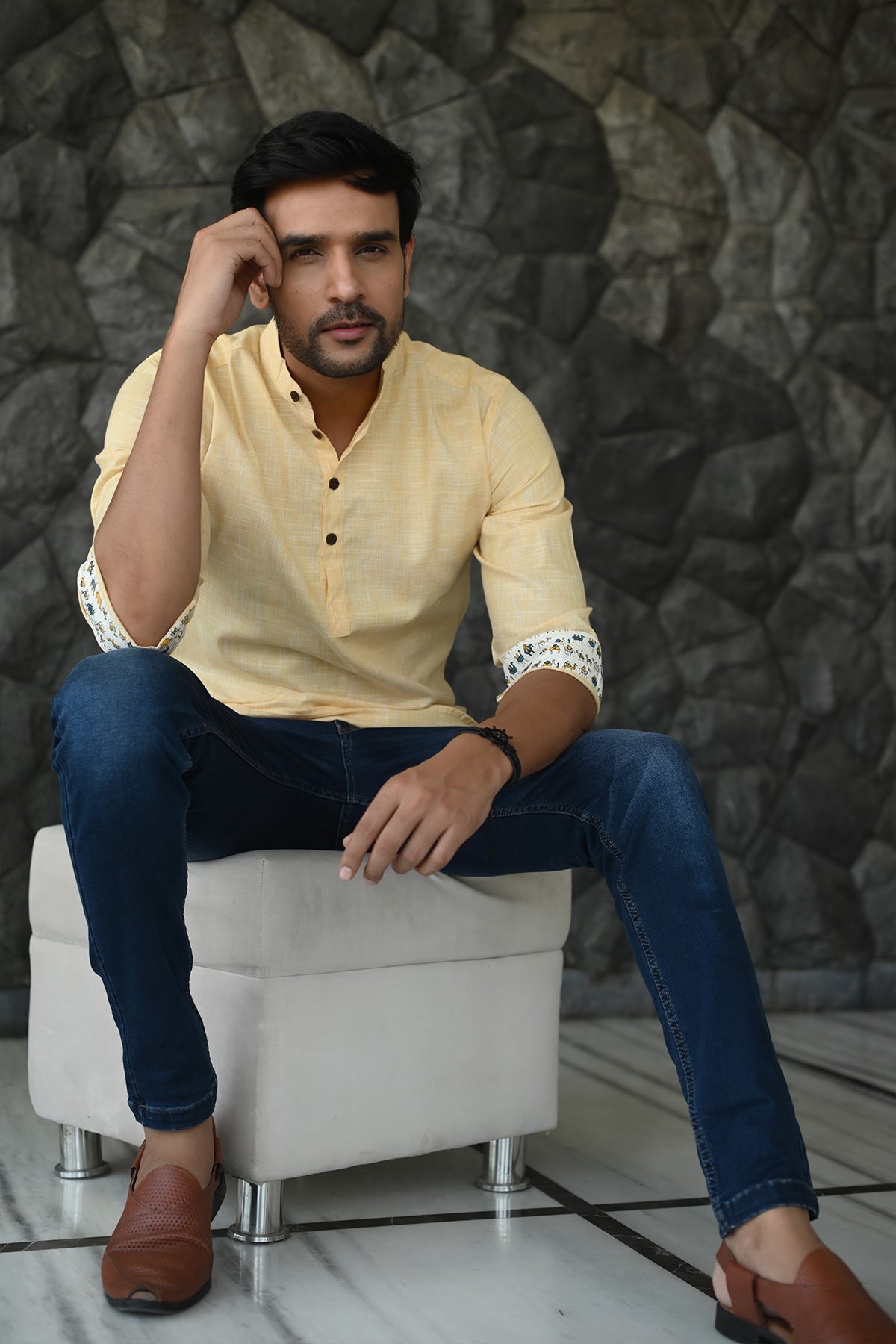 Yellow Short Kurta with Plain Body and Printed Cuffs, 3/4th Sleeves Cotton | Style Matters