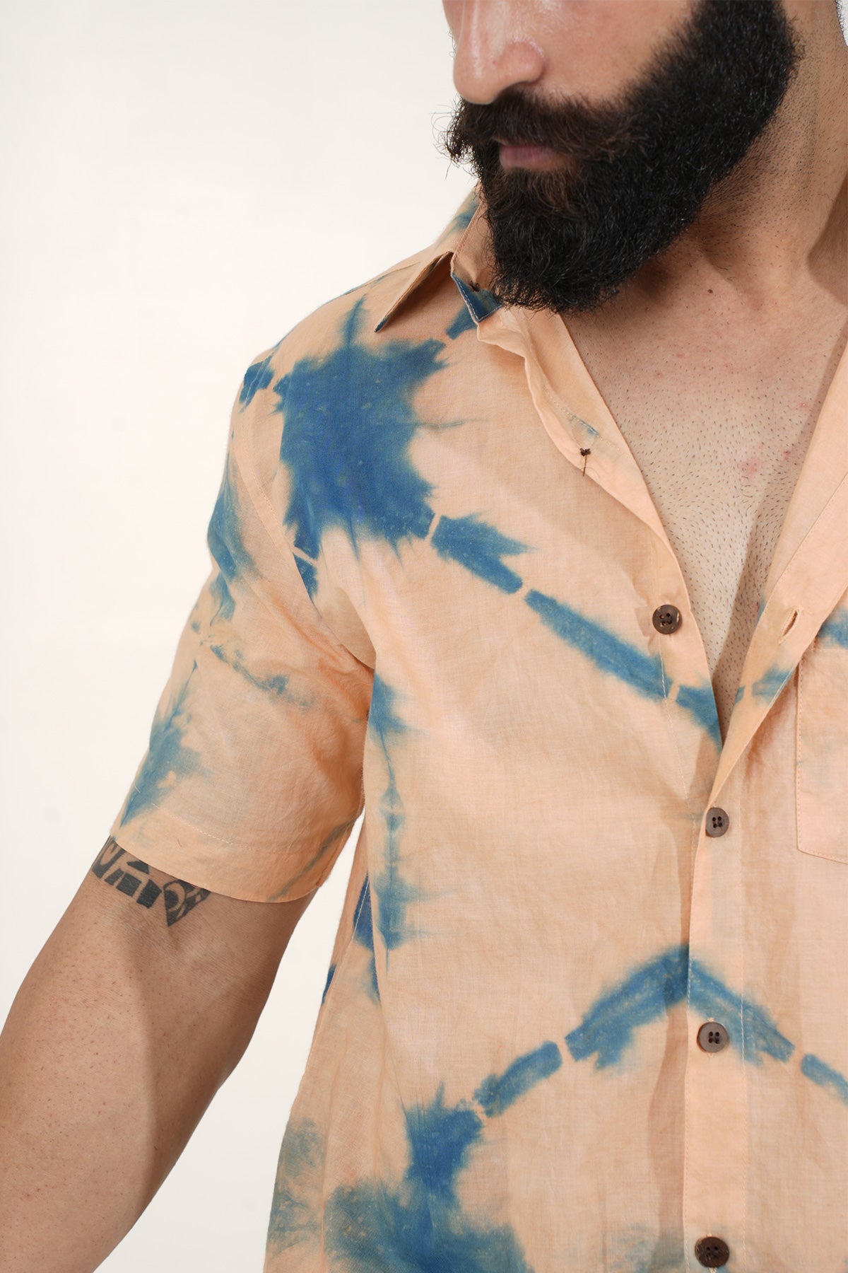 Peach Shirt with Blue Tie Dye Handmade Half Sleeves | Style Matters