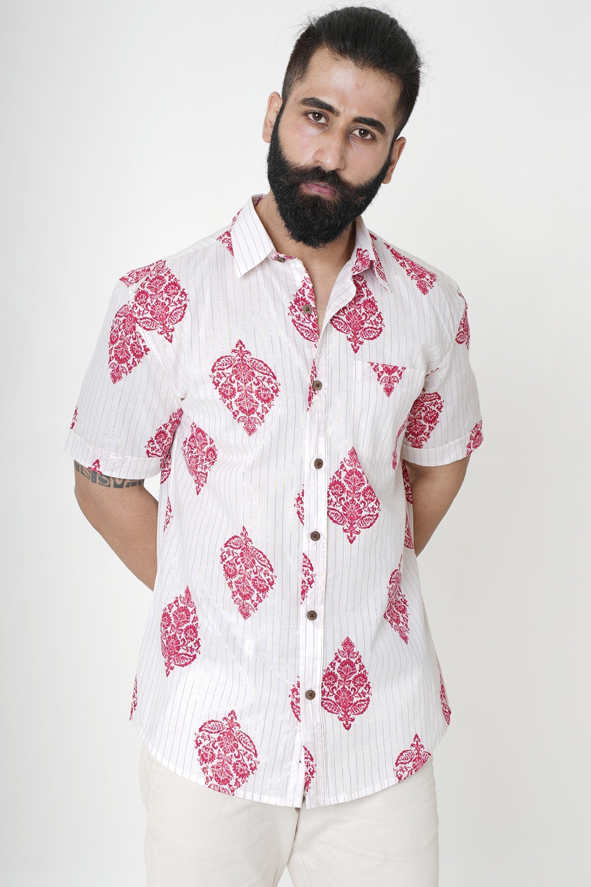 White Lurex Shirt with Damask Hand Block Print, Half Sleeves Cotton | Style Matters