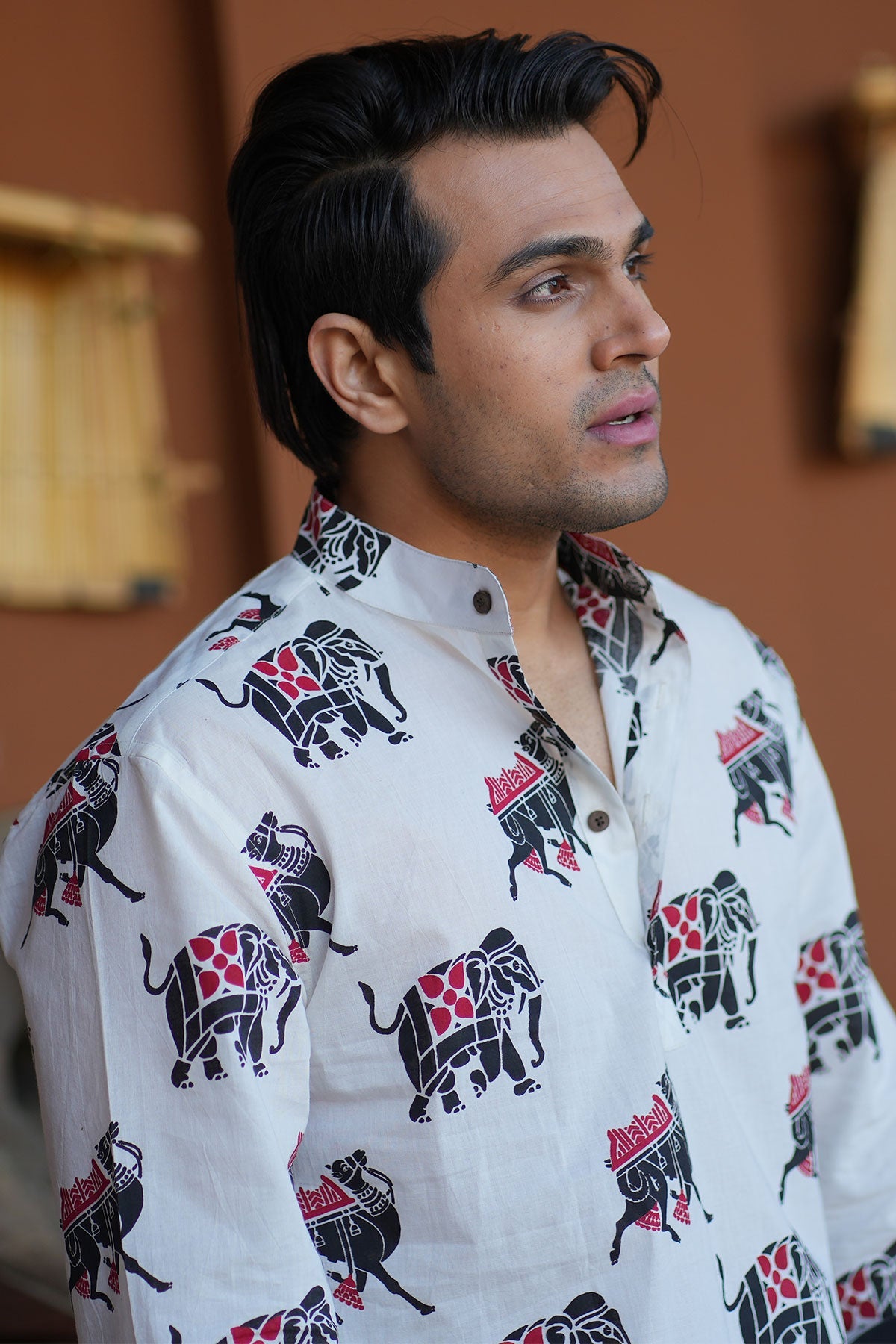 White Traditional Short Kurta with Camel Elephant Print | Style Matters