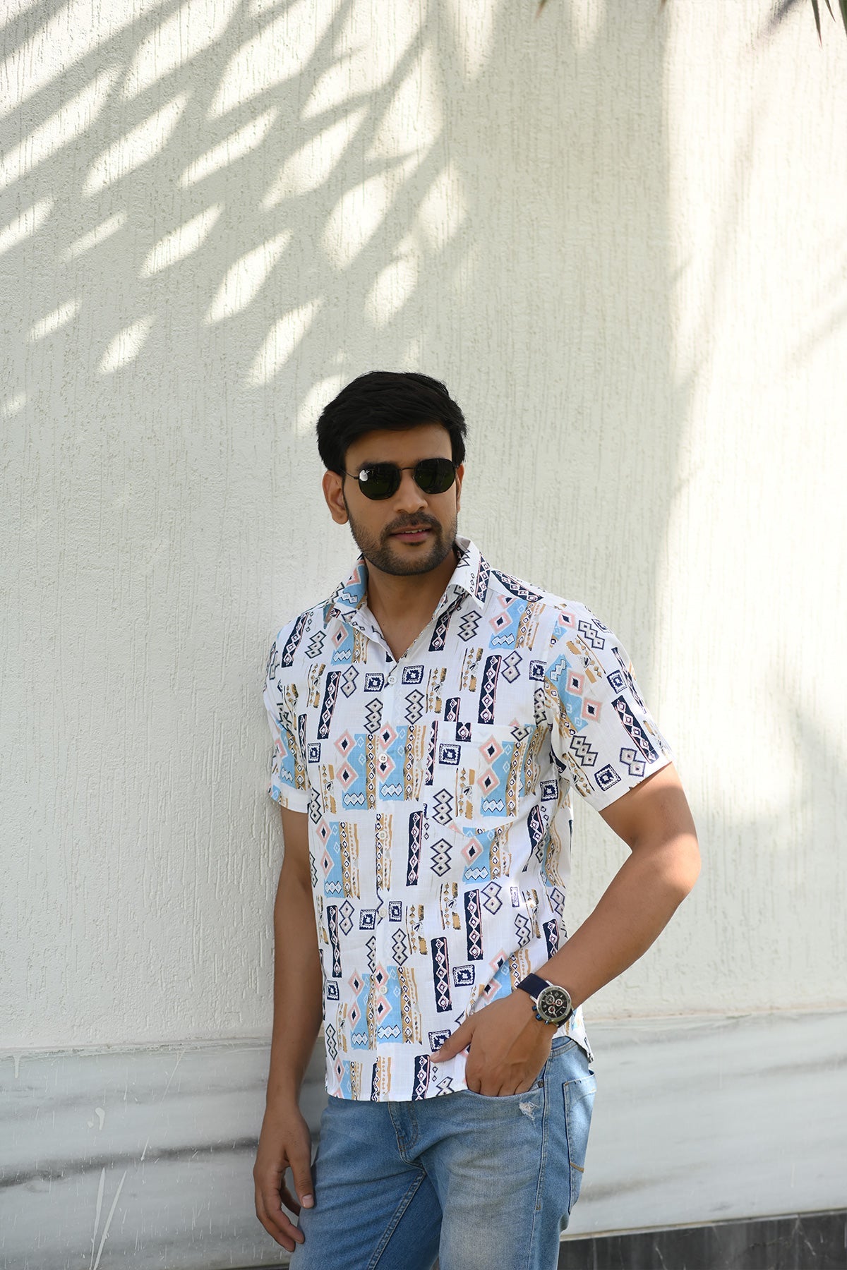 White Blocks Slub  print cotton shirt half sleeves