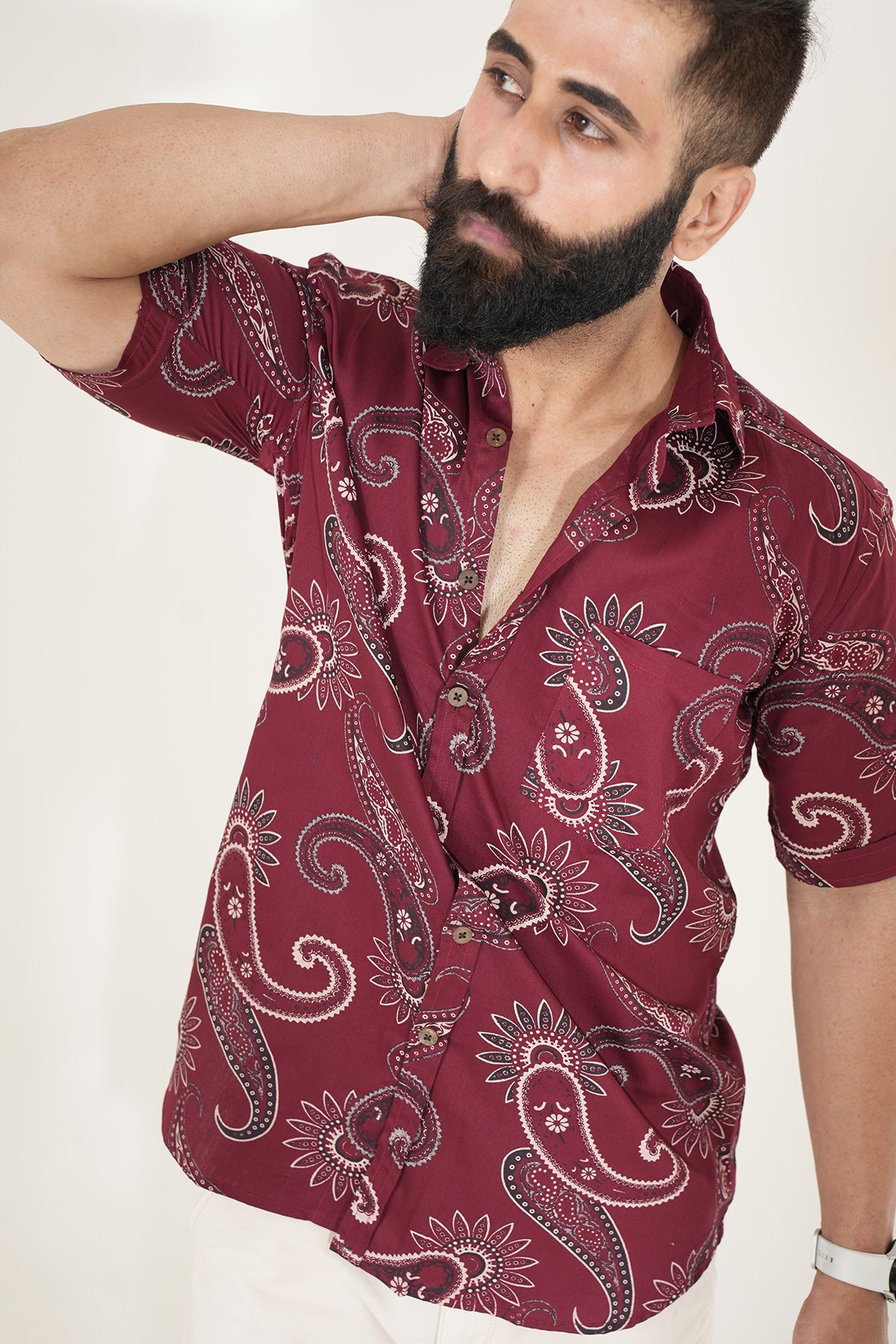 Maroon Shirt with Paisley Print, Half Sleeves | Style Matters