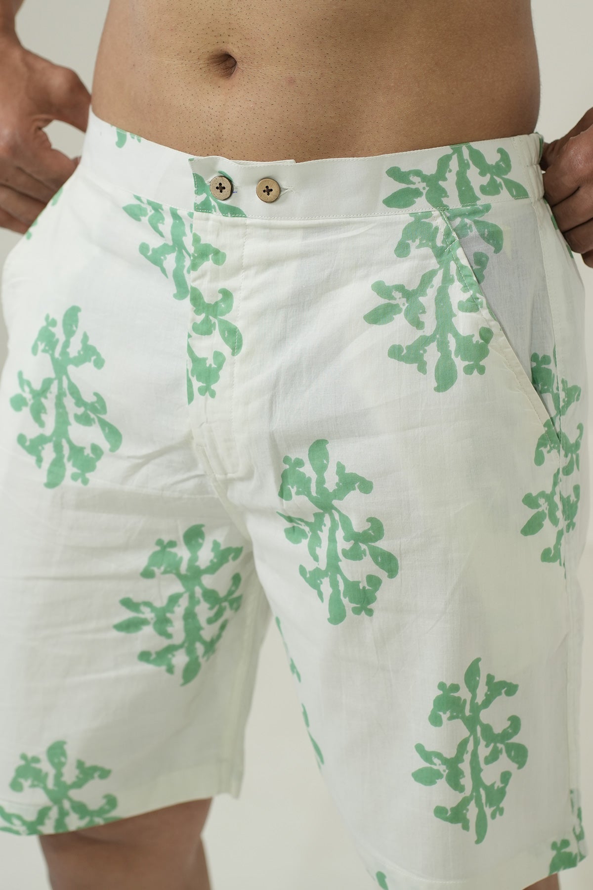 White color green motif print Cotton , Only shorts Part of Coord Set