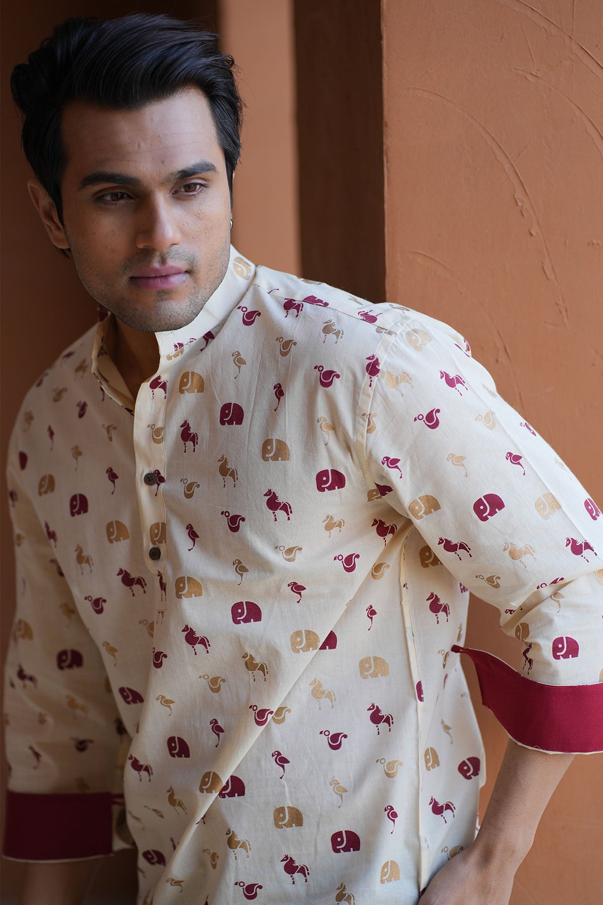 Red Golden Elephant Print Trendy Short Kurta, 3/4th Sleeves | Style Matters