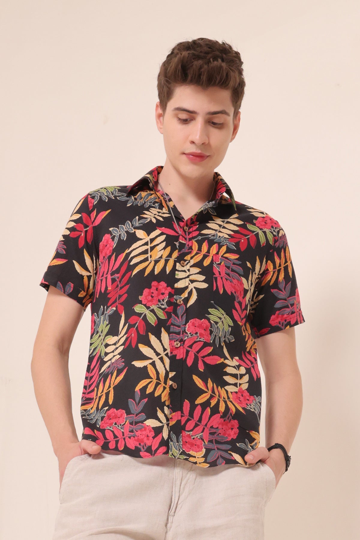 Neon Night print cotton shirt half sleeves