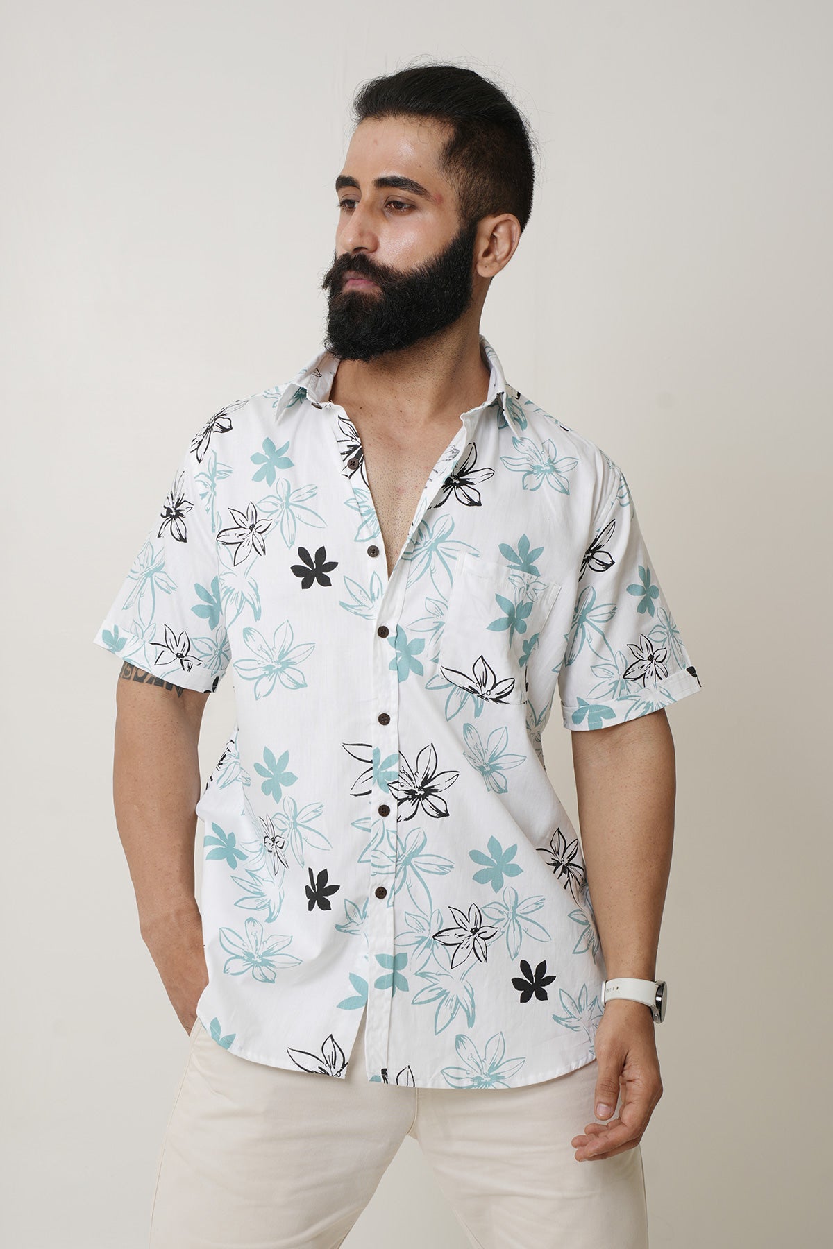 White Shirt with Flowers Print, Half Sleeves Cotton | Style Matters