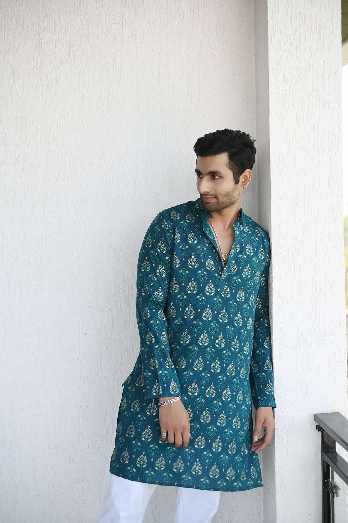 Teal Color with Golden Print Designer Full Sleeves Long Kurta | Style Matters