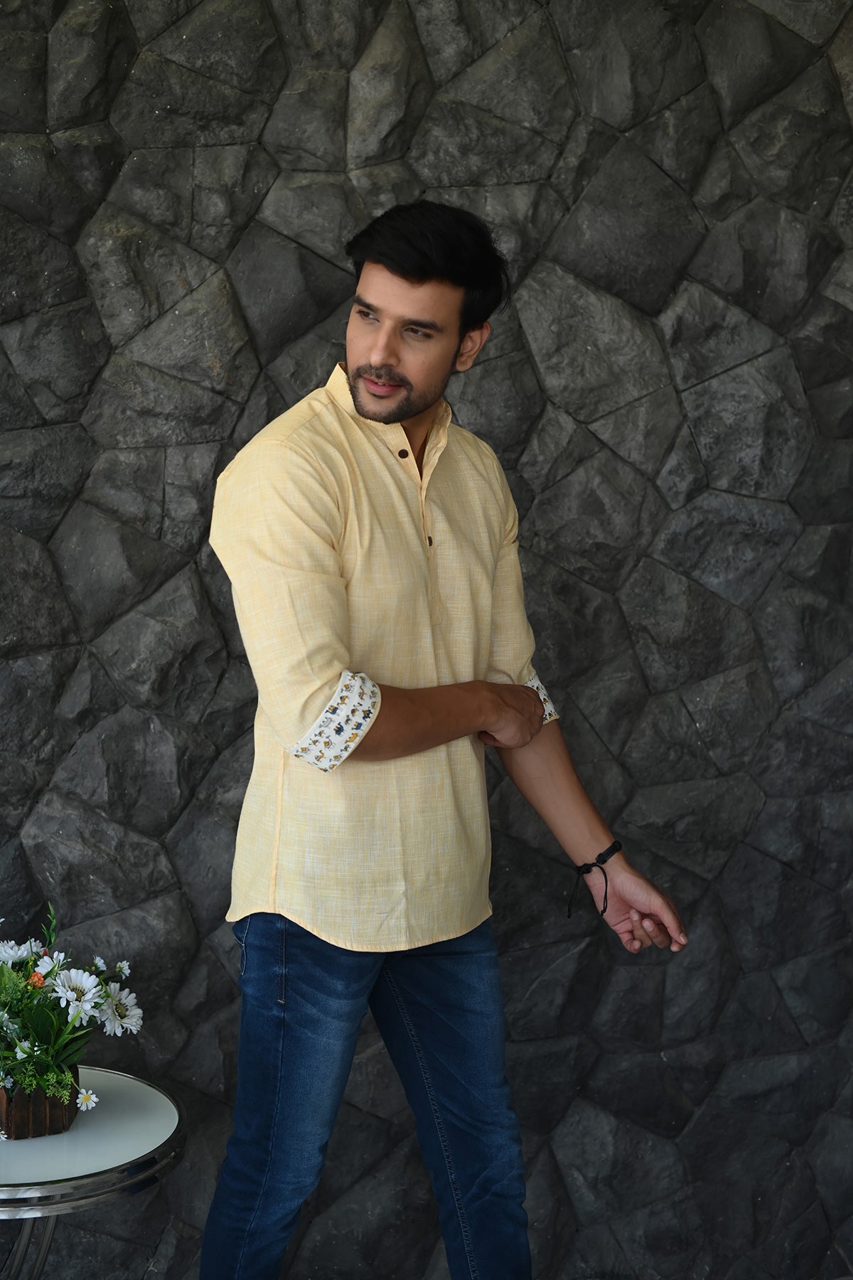 Yellow Short Kurta with Plain Body and Printed Cuffs, 3/4th Sleeves Cotton | Style Matters