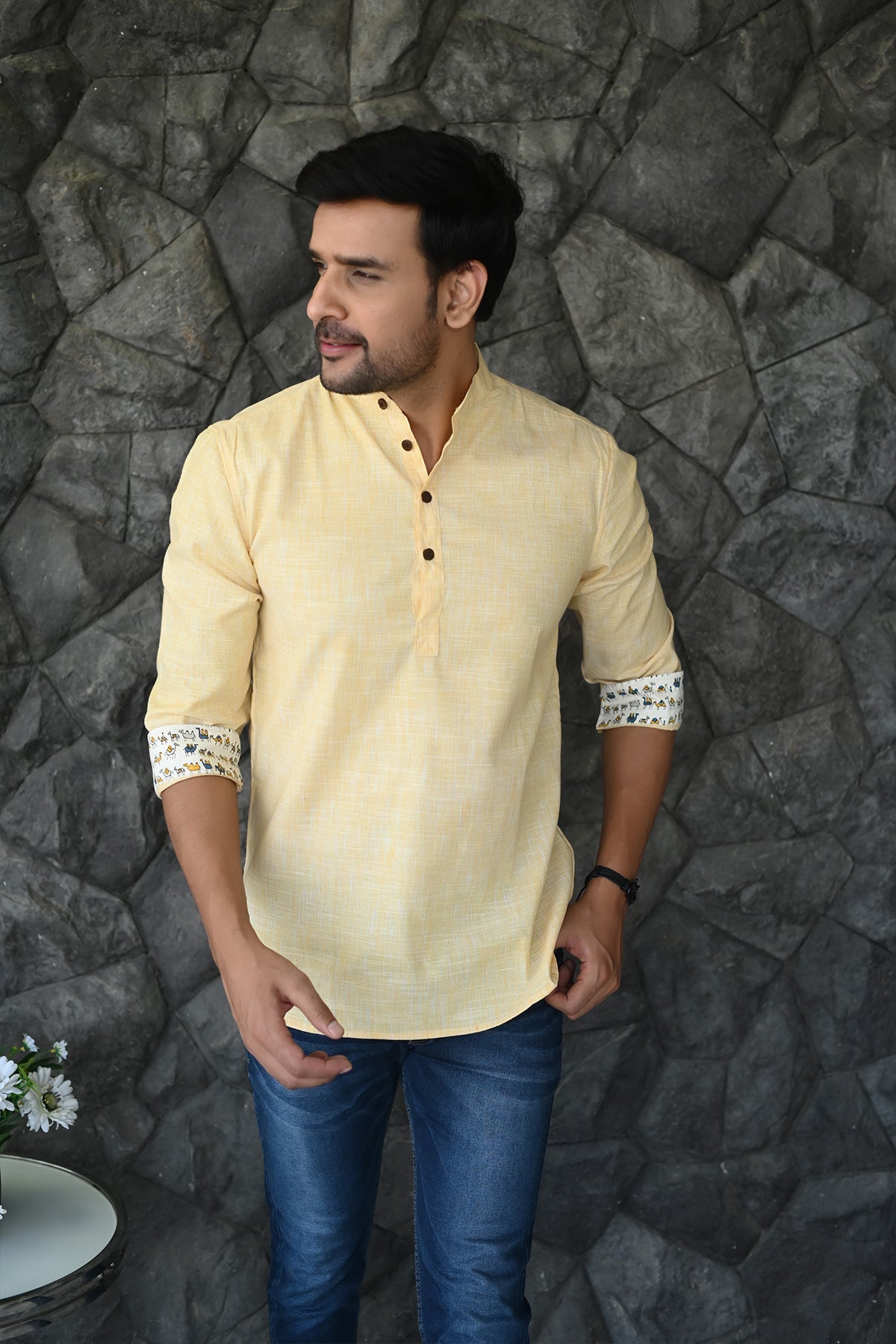 Yellow Short Kurta with Plain Body and Printed Cuffs, 3/4th Sleeves Cotton | Style Matters