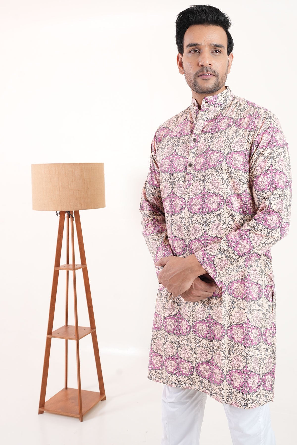 Arabic Pink print designer full sleeves pure Cotton Long Kurta