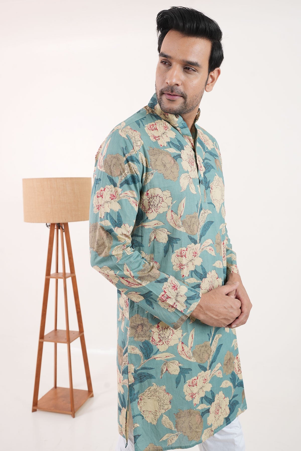 French Blue Big Floral Print Full Sleeves Cotton Long Kurta | Style Matters