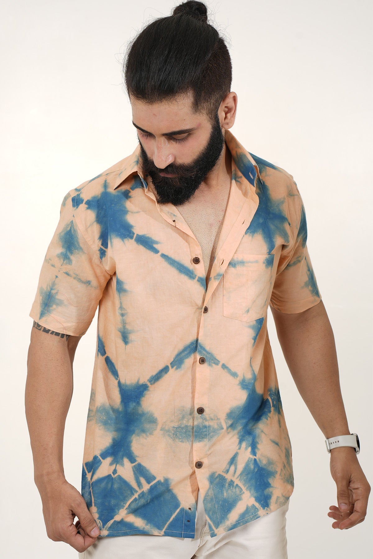 Peach Shirt with Blue Tie Dye Handmade Half Sleeves | Style Matters