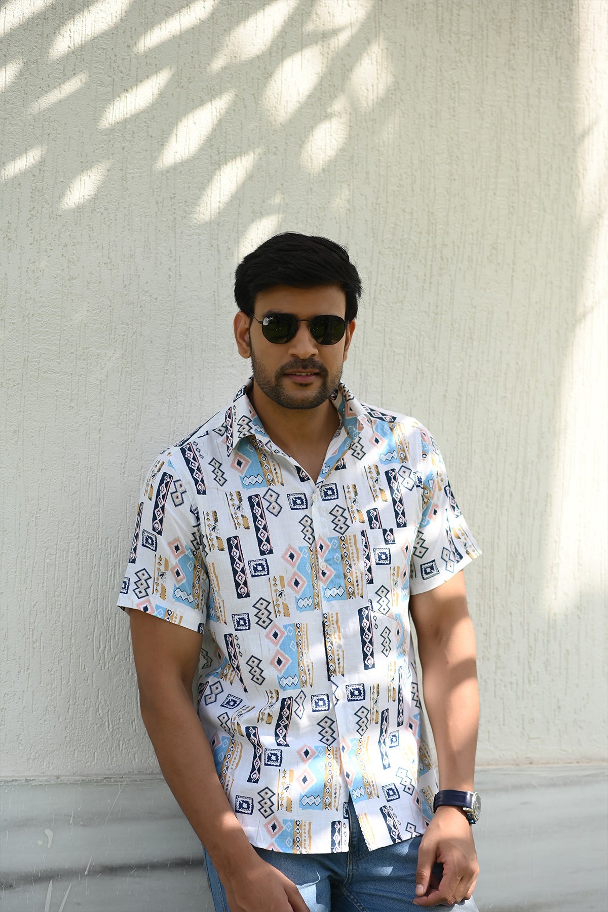 White Blocks Slub  print cotton shirt half sleeves