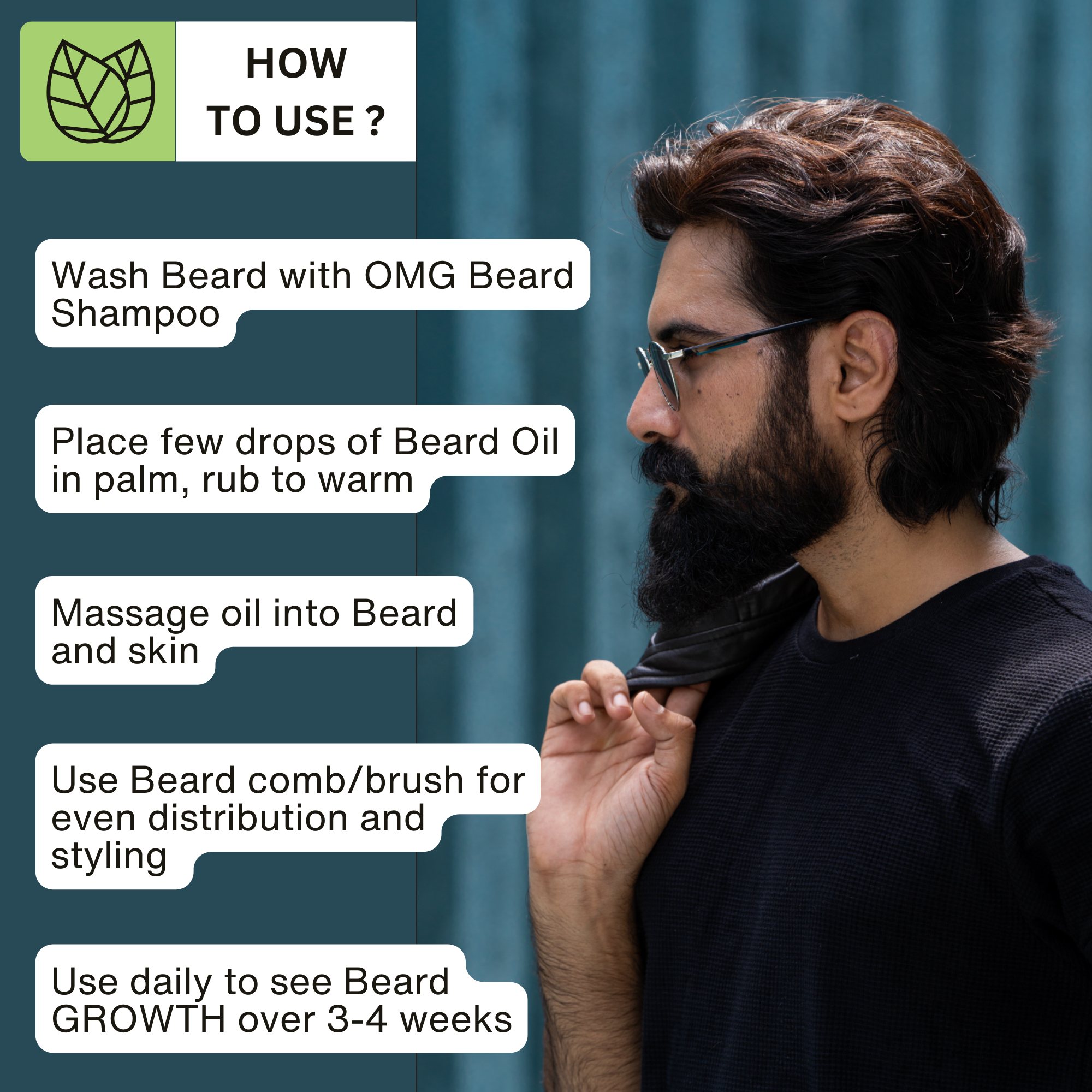 OMG Beard Shampoo & Conditioner 180ml and Beard Oil 50ml Combo | Promotes Hair Growth and Gives Shine | Contains Natural Oils and Enriched with Vitamin E & Vitamin C