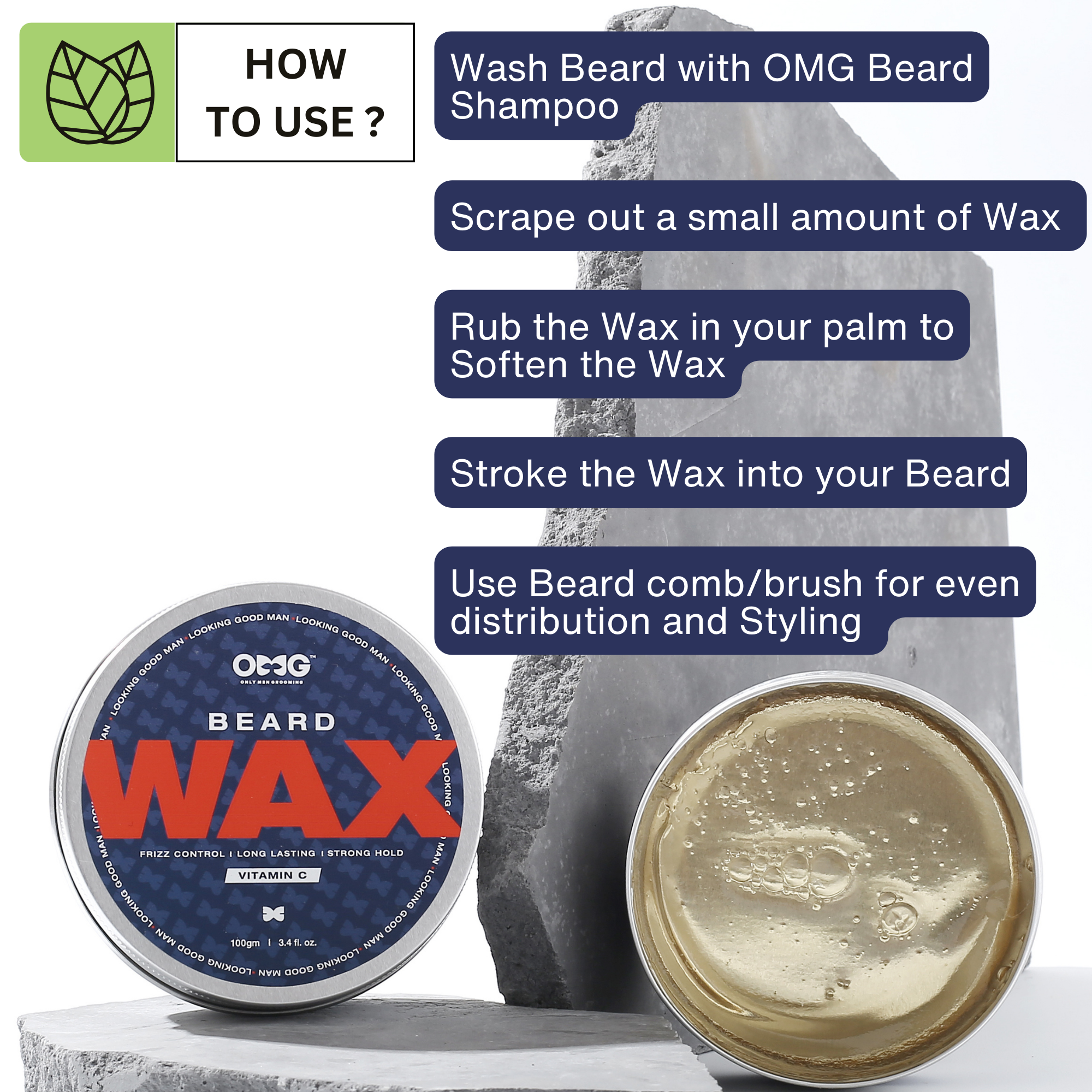 OMG BEARD WAX 100GM | FRIZZ CONTROL | | MOOCH WAX | LONG LASTING HOLD | STRONG HOLD | ENRICHED WITH VITAMIN C | 100% NATURAL INGREDIENTS